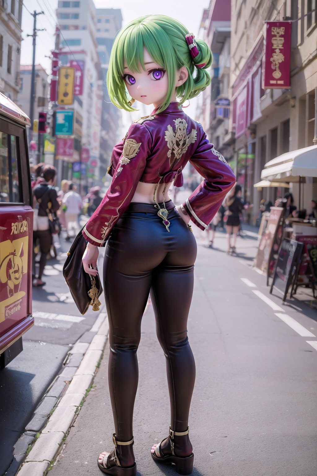 (full body view of KukiS), purple eyes, green hair, 1girl, solo_female, 23 years old girl, blurry_background, stomach, show me your back,