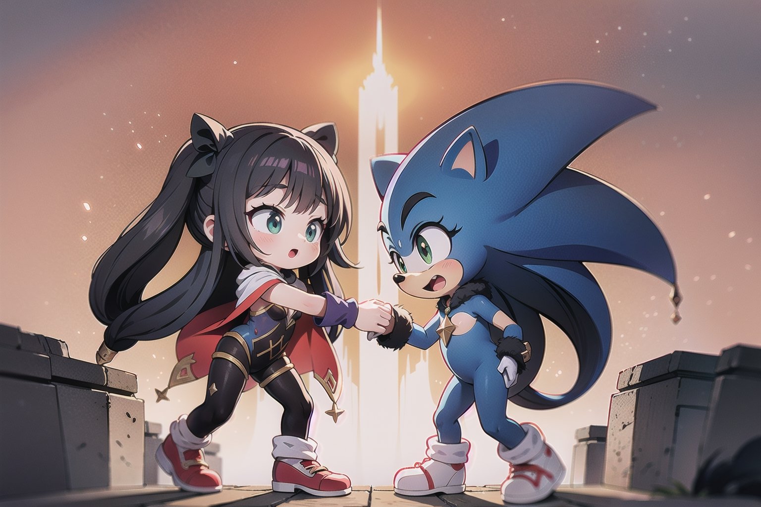 Against the warm glow of Looney's sun-kissed orange sky, Monadef and Sonic the Hedgehog stand united, their dark figures starkly silhouetted against the vibrant backdrop of weathered gray stone, where bright blue spikes and fiery red shoes seem infused with kinetic energy. The characters' forms appear ready to leap into action in breathtaking 32K UHD, as if about to step out of the composition.