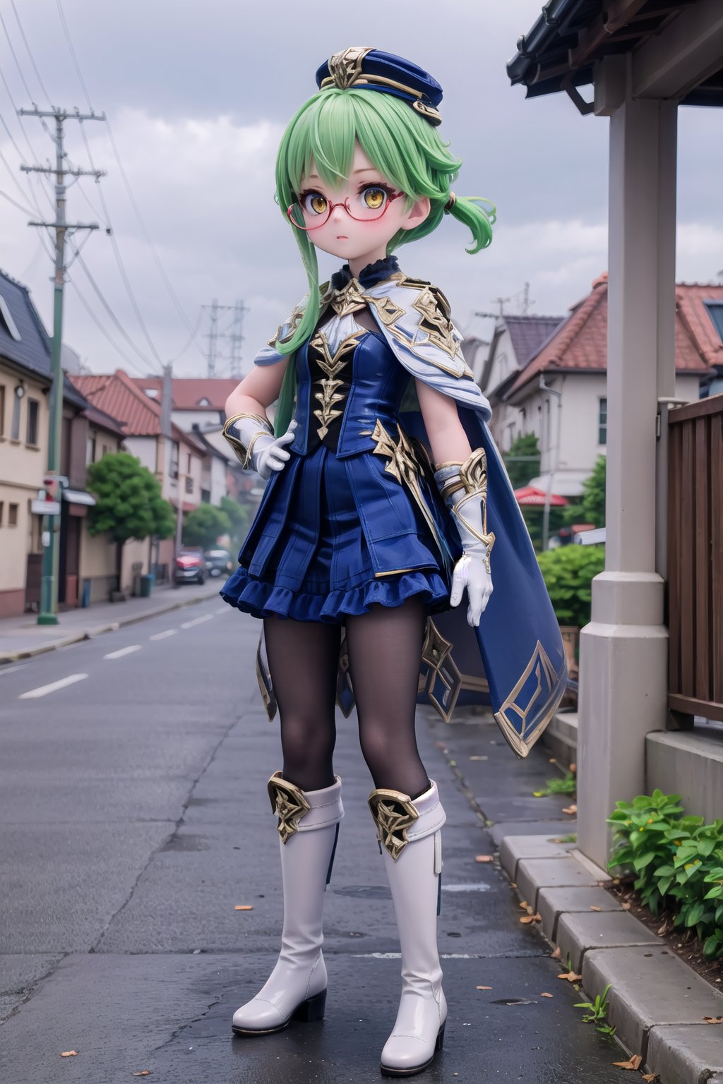 1girl, solo_female, (full body view of Saccharose), yellow eyes, glasses, low ponytail, green hair, multicolored hair, blush, 1girl, solo_female, Sucrose Style, outdoors, blurry_background, view from straight above, hat, cape, semi-rimless eyewear, short hair, glasses, black thighhighs, white footwear, gold trim, white gloves, white boots, black pantyhose, white boots, in Mondstadt,