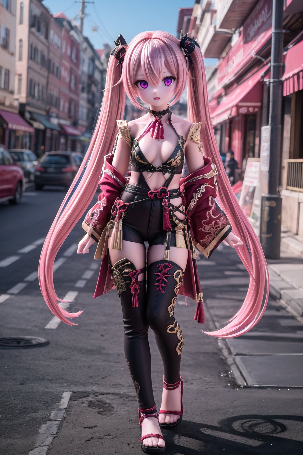 full_body of KukiS, 1girl, solo_female, 23 years old girl, blurry_background, Kuki Style, very long hair, red eyes, purple eyes, multicolor_eyes, no ornament, pink hair, red hair, multicolor_hair, low-tied long hair, twintails, medium breasts, hair between eyes, insane detailed, flirting with camera, (masterpiece), best quality, HDR, 32k UHD, on beach,