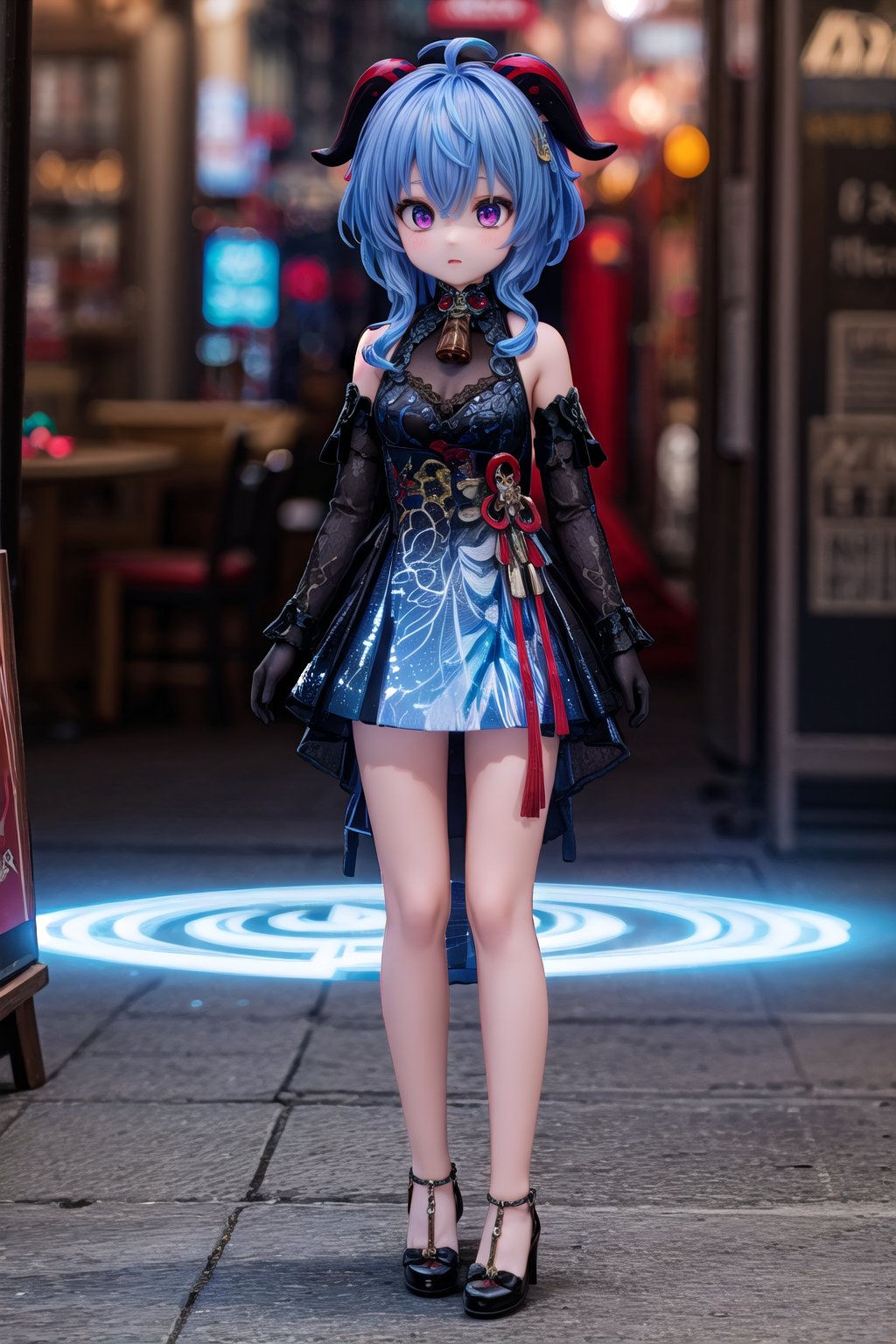 1girl, solo_female, full body view of Ganyu_Impact, horns, blue hair, bell, purple eyes, outdoors, show me your beautiful alternate costume, blurry_background, HDR, 32k UHD, insane detailed, bright blue dress, ahoge, detached sleeves,