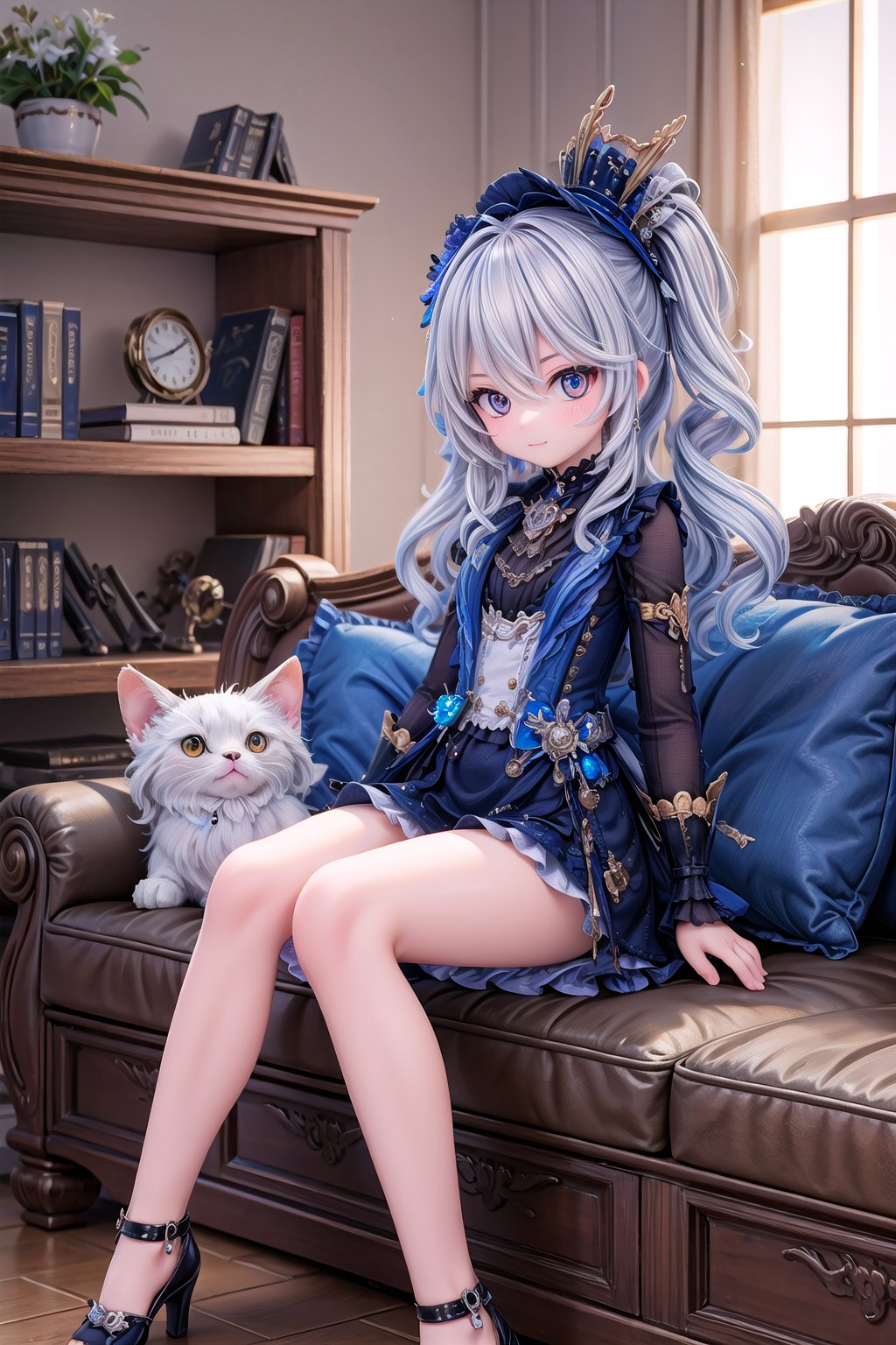 (full body view of Furina_Impact), indoors, sitting on couch,