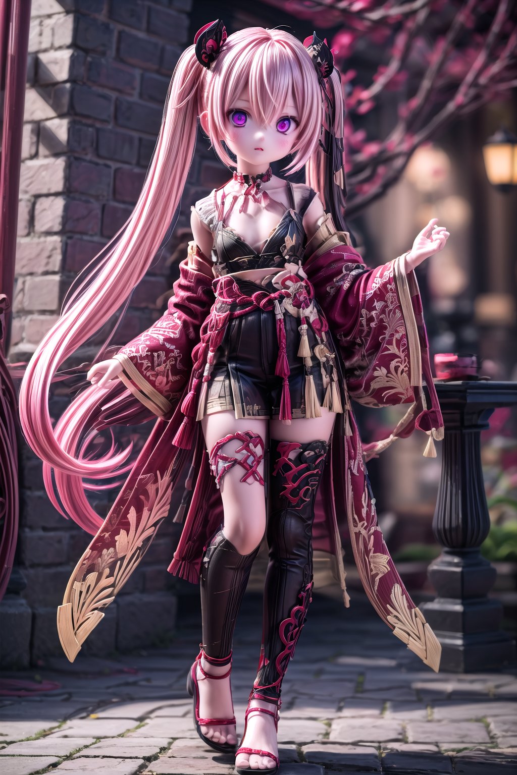 full_body of KukiS, 1girl, solo_female, 23 years old girl, blurry_background, Kuki Style, very long hair, pink eyes, purple eyes, multicolor_eyes, no_ornament, low-tied long hair, pink hair, red hair, multicolor_hair, twintails, medium breasts, hair between eyes, outdoors,