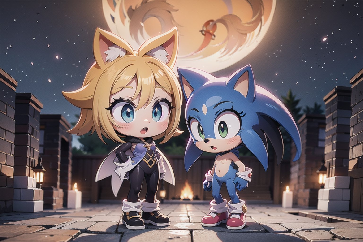 Against the backdrop of the beautiful island of Looney, Monadef and Sonic the Hedgehog stand defiant, their dark silhouettes etched against a orange sky. Sonic the Hedgehog stands by her side, his blue spikes and red shoes a vivid splash against the dull gray stone. Every detail of their forms is rendered in stunning 32K UHD, as if they might step out of the frame at any moment.