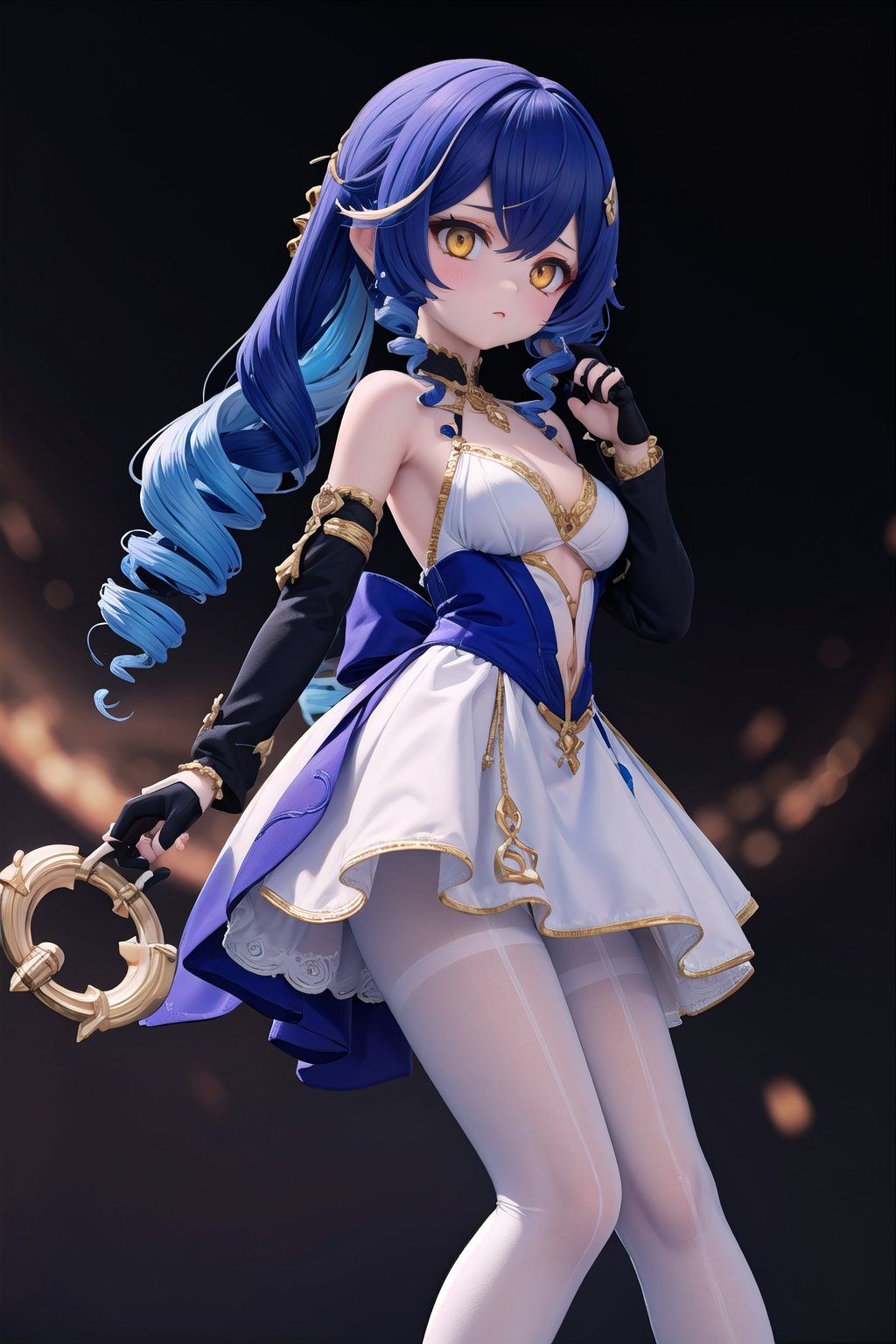 1girl, solo_female, white pantyhose, full_body, yellow eyes, detached sleeves, drill hair, dress, dark blue hair, multicolor_hair, blue hair, Layla Style, better hands, black gloves, claw ring, Layla_Impact, HDR, 32k UHD, insane detailed, blurry_background,
