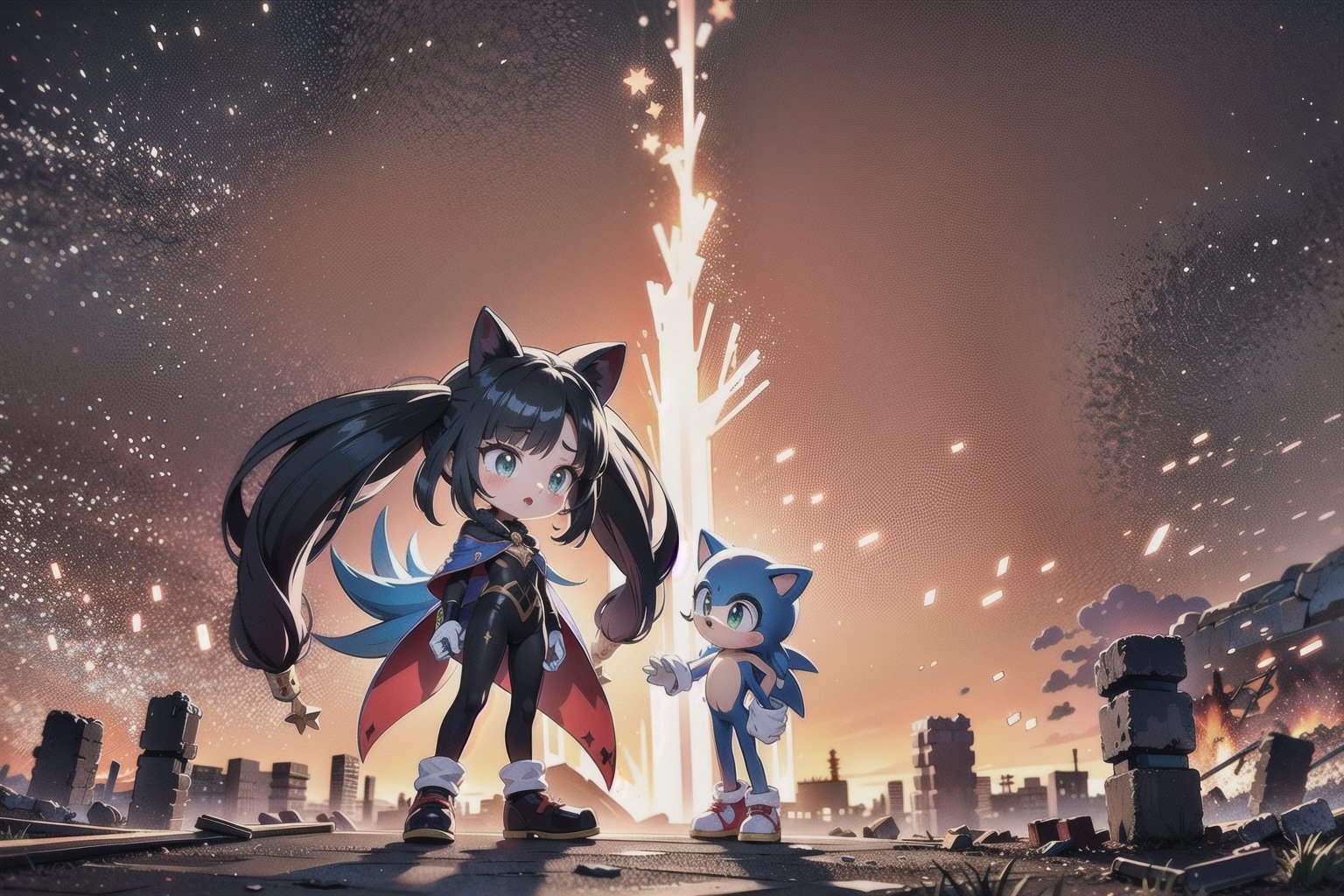 Against a backdrop of ravaged Looney Island, Monadef and Sonic the Hedgehog stand defiant, their dark silhouettes etched against a fiery orange sky ablaze with destruction. The desolate landscape stretches before them, a barren expanse of charred ruins and twisted metal. Monadef's unwavering determination contrasts starkly with the devastation, her gaze fixed on some distant point. Sonic stands by her side, his blue spikes and red shoes a vivid splash against the dull gray stone. Every detail of their forms is rendered in stunning 32K UHD, as if they might step out of the frame at any moment.