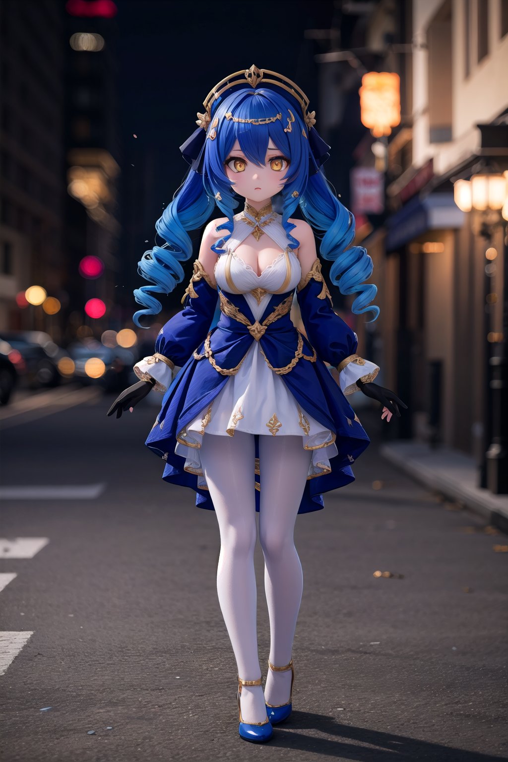 1girl, solo_female, white pantyhose, full_body, yellow eyes, detached sleeves, drill hair, dress, dark blue hair, multicolor_hair, blue hair, Layla Style, better hands, black gloves, claw ring, (full body view of Layla_Impact), HDR, 32k UHD, insane detailed, blurry_background, very long hair, outdoor,