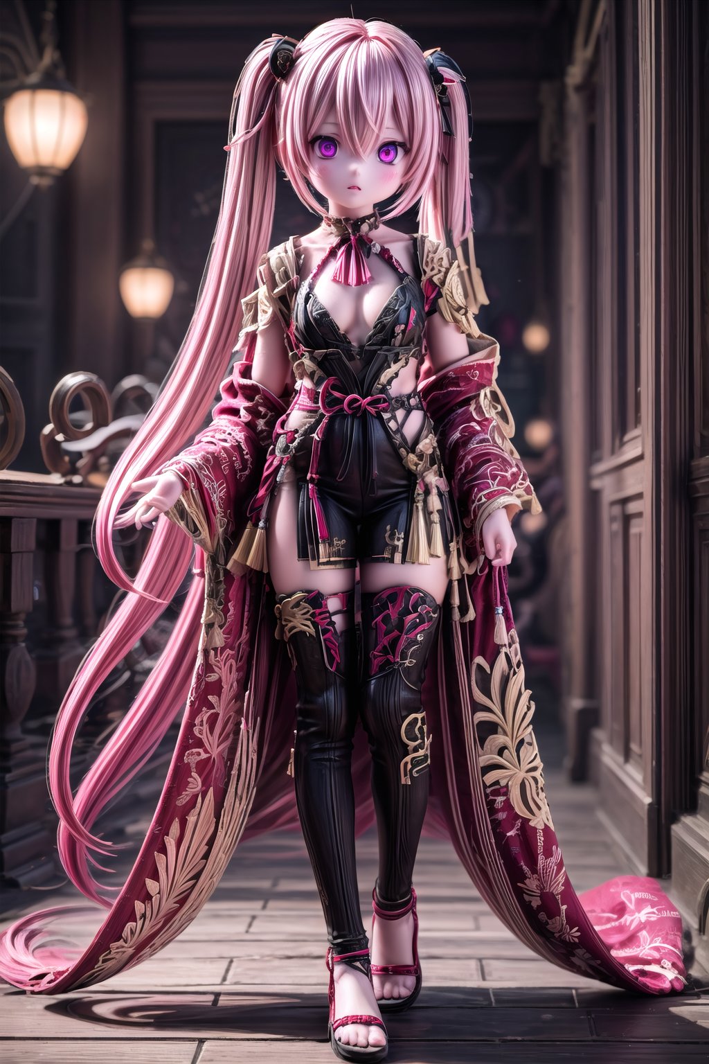full_body of KukiS, 1girl, solo_female, 23 years old girl, blurry_background, Kuki Style, very long hair, pink eyes, purple eyes, multicolor_eyes, no_ornament, low-tied long hair, pink hair, red hair, multicolor_hair, twintails, medium breasts, hair between eyes, 