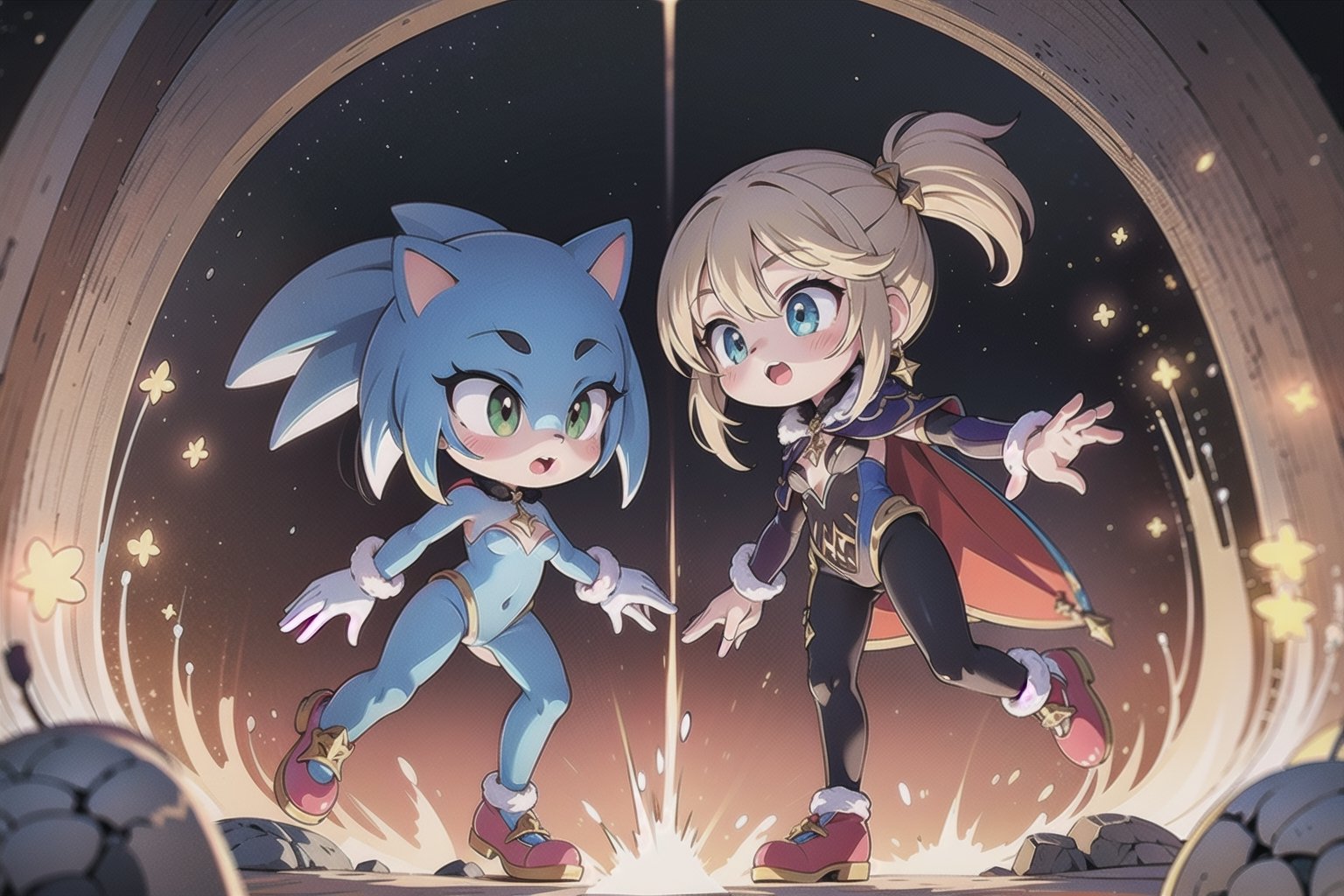 In a vivid, 32K UHD image, against Looney's sun-ornaged sky, Monadef and Sonic the Hedgehog stand together, dark silhouettes contrasting with the warm glow. Sonic's blue spikes and red shoes gleam on weathered stone, exuding kinetic energy. The scene appears ready to spring into action, as if characters might leap from the frame.