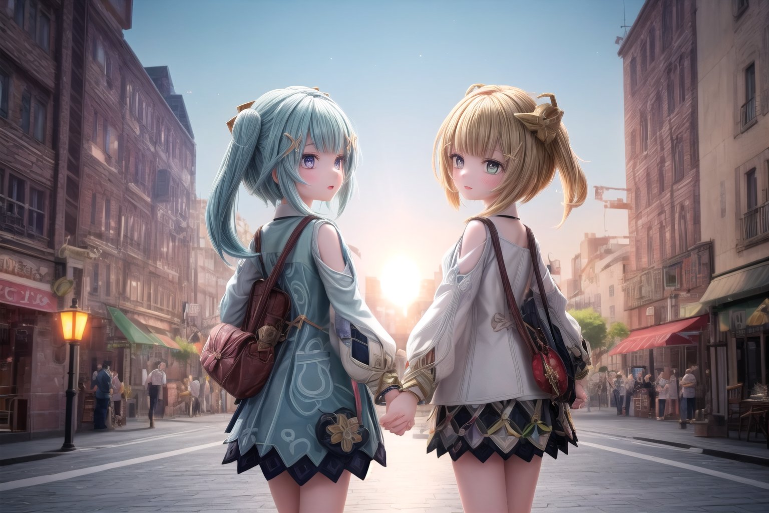Here is a prompt for an image:

FaruzanRnD and Yaoyaodef, two sisters who have been through ups and downs together, stand hand in hand in the vibrant city of Lyiue from Genshin Impact. The sun sets behind them, casting a warm orange glow on the intricate architecture of the ancient buildings, with deep shadows adding depth and complexity to the scene. The sisters' faces are lit by the soft golden light, their eyes shining with warmth and affection as they share a moment of triumph. In the background, the city's bustling streets come alive with people going about their daily lives, while the sky above is painted with hues of pink and purple, signaling the end of another day in this breathtaking metropolis.