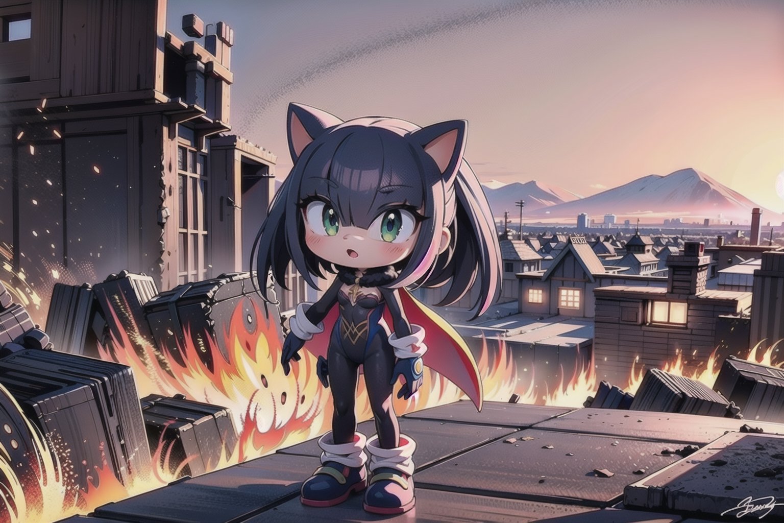 Monadef and (Sonic the Hedgehog) stand tall amidst smoldering Looney Island, their figures silhouetted against a fiery orange sky. The desolate landscape stretches out before them, a barren expanse of charred ruins and twisted metal. Monadef's determined expression is a sharp contrast to the devastation, her eyes fixed on some distant point with unwavering resolve. Sonic the Hedgehog, ever the hero, stands at her side, his blue spikes and red shoes stark against the dull gray stone. The texture of their suits, the creases in their faces, and every detail of their forms are rendered in breathtakingly realistic 32K UHD, as if they might step out of the frame at any moment.
