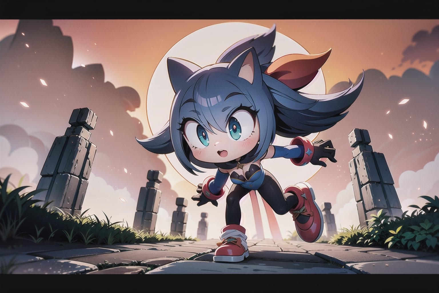 Against the warm glow of Looney's sun-kissed orange sky, Monadef and Sonic the Hedgehog stand united, their dark figures starkly silhouetted against the vibrant backdrop. Sonic the Hedgehog's bright blue spikes and fiery red shoes pop against the weathered gray stone, as if infused with a kinetic energy that threatens to burst forth from the frame. Rendered in breathtaking 32K UHD, every detail of their forms seems ready to leap into action, as if the characters might step out of the composition at any moment.