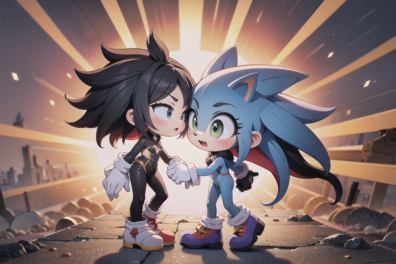 Against the warm glow of Looney's sun-kissed orange sky, Monadef and Sonic the Hedgehog stand united, silhouetted against the vibrant backdrop. Sonic's bright blue spikes and fiery red shoes pop against weathered gray stone, radiating kinetic energy. Rendered in breathtaking 32K UHD, their forms seem ready to leap into action, as if stepping out of the composition.