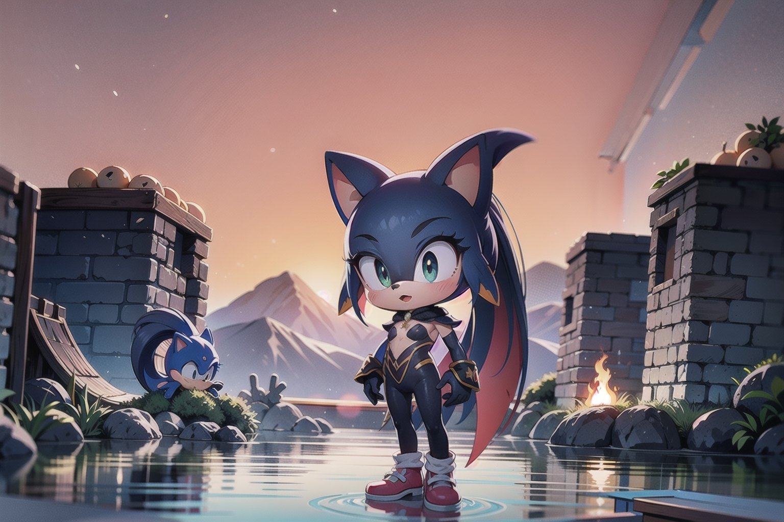 Against the backdrop of the beautiful island of Looney, little Monadef and Sonic the Hedgehog stand defiant, their dark silhouettes etched against a orange sky. Sonic the Hedgehog stands by her side, his blue spikes and red shoes a vivid splash against the dull gray stone. Every detail of their forms is rendered in stunning 32K UHD, as if they might step out of the frame at any moment. 