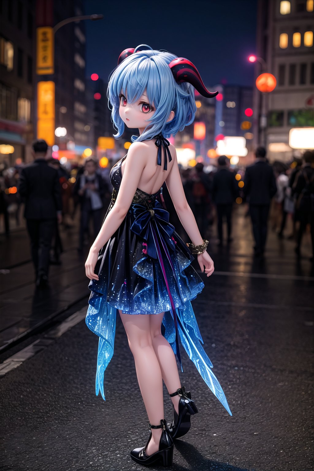 1girl, solo_female, full body view of Ganyu_Impact, horns, blue hair, show me your beautiful alternate costume, blurry_background, HDR, 32k UHD, insane detailed, bright blue dress, multicolored dress, black dress, blue dress, show me your back,