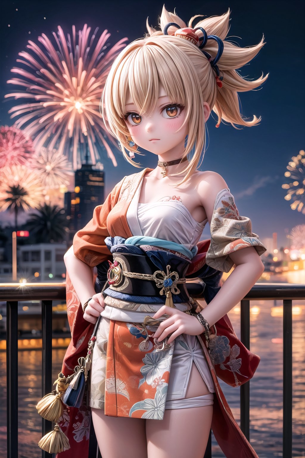 a 23 years old girl yoimiyadef, stands in front of a fireworks store,