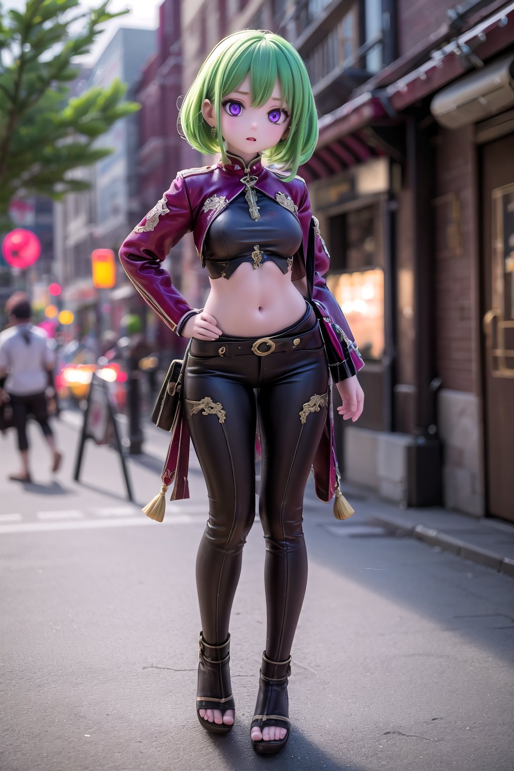 (full body view of KukiS), purple eyes, green hair, 1girl, solo_female, HDR, 32k UHD, insane detailed, 23 years old woman, blurry_background, stomach,