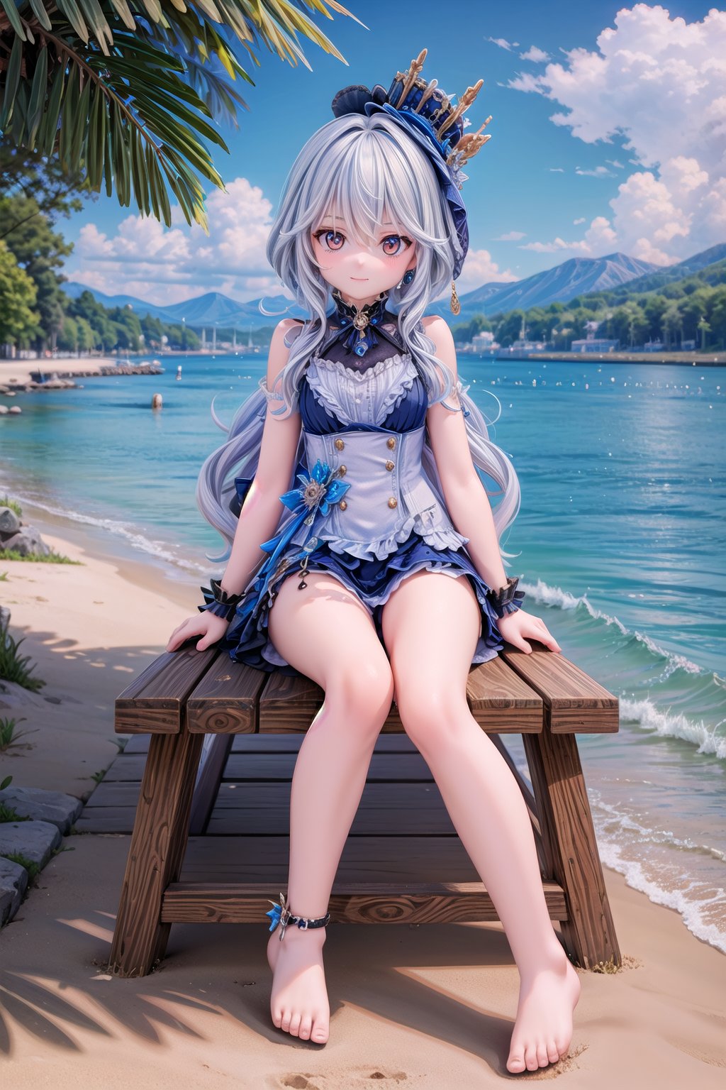 (full body view of Furina_Impact), sits on a beach lounger by a lake,