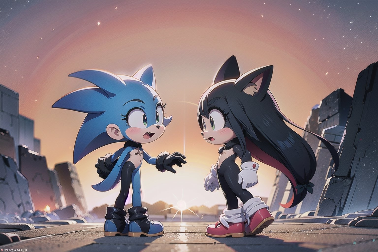 Against the backdrop of the beautiful island of Looney, little Monadef and Sonic the Hedgehog stand defiant, their dark silhouettes etched against a orange sky. Sonic the Hedgehog stands by her side, his blue spikes and red shoes a vivid splash against the dull gray stone. Every detail of their forms is rendered in stunning 32K UHD, as if they might step out of the frame at any moment. 