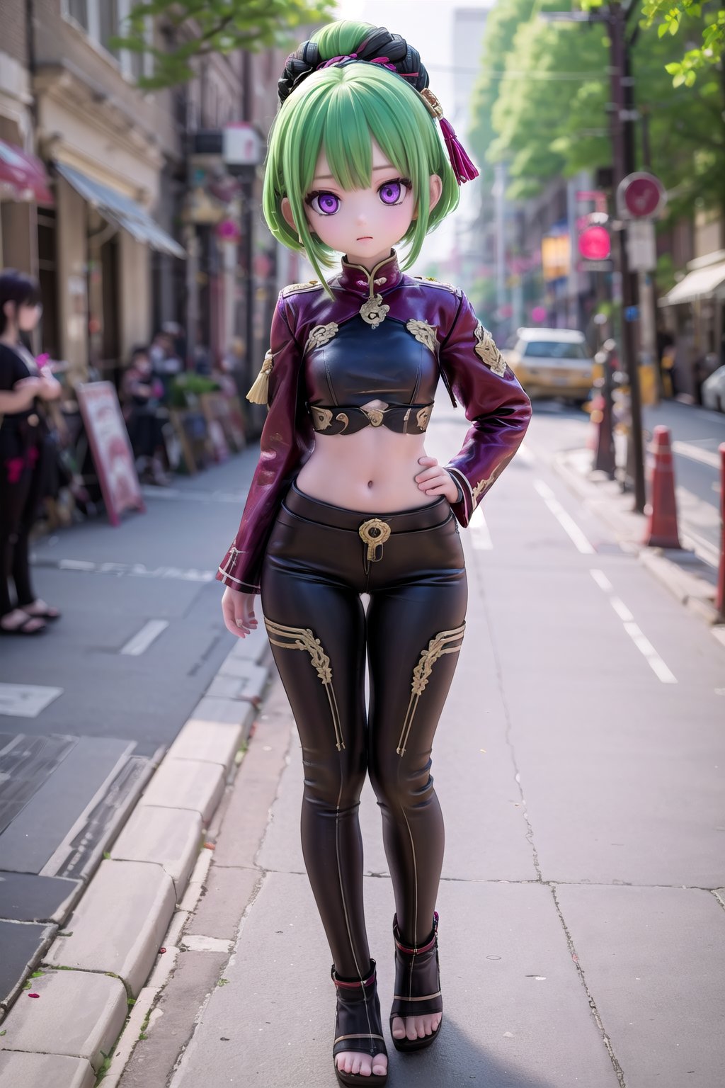 (full body view of KukiS), purple eyes, green hair, 1girl, solo_female, 23 years old girl, blurry_background, stomach, show me your back, Kuki style,