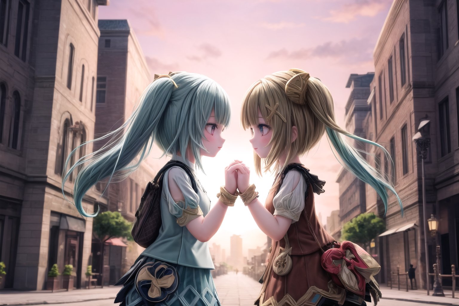 FaruzanRnD and Yaoyaodef, two sisters bound by shared experiences, stand together in a powerful pose, hands clasped, amidst Lyiue's vibrant cityscape at sunset. The warm orange glow casts intricate shadows on ancient architecture, while the sisters' faces radiate warmth and affection under soft golden light. In the background, bustling streets come alive with daily activity, as the pink and purple-hued sky signals dusk in this breathtaking metropolis.