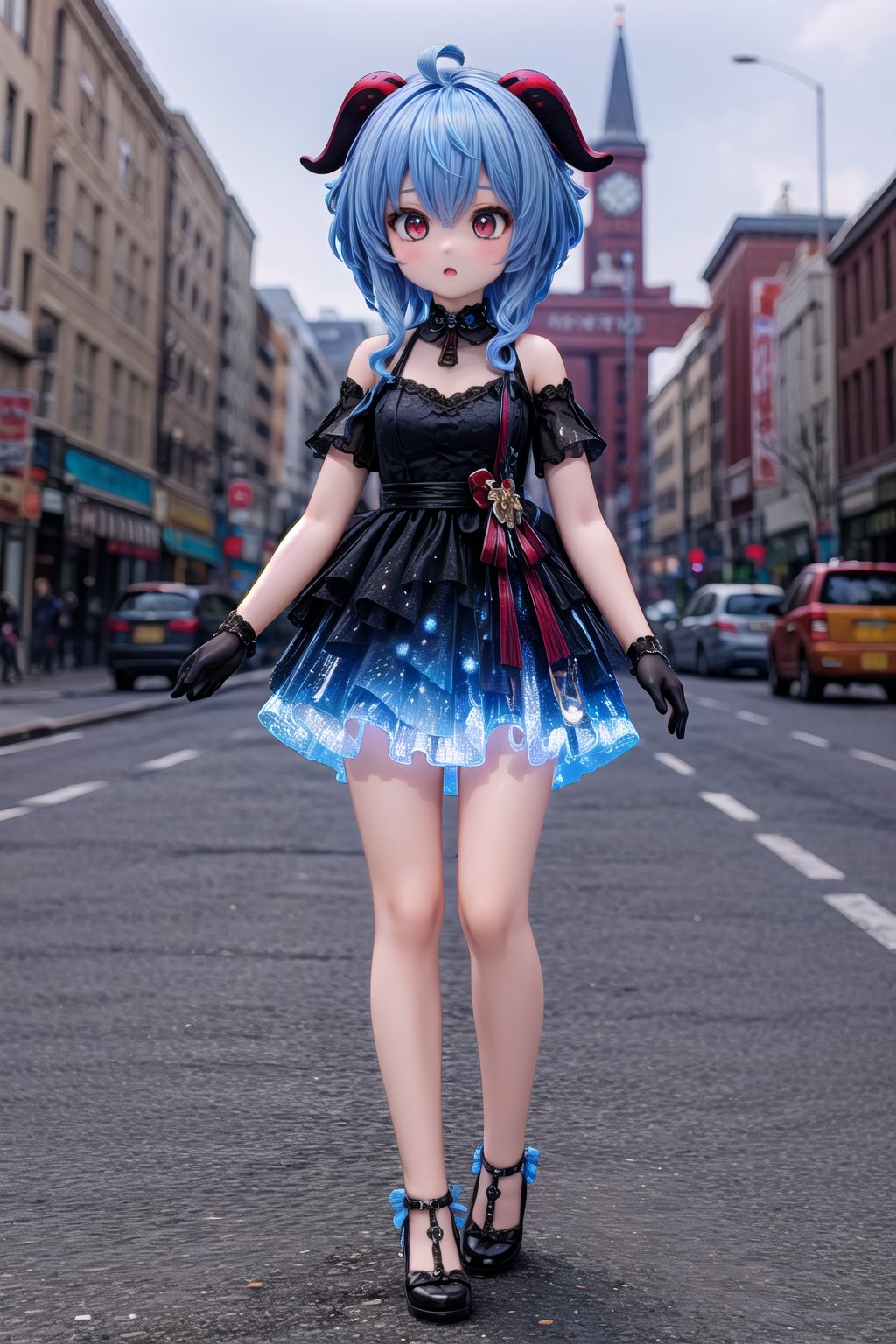 1girl, solo_female, full body view of Ganyu_Impact, horns, blue hair, bell, outdoors, show me your beautiful alternate costume, blurry_background, HDR, 32k UHD, insane detailed, bright blue dress, ahoge, backside,