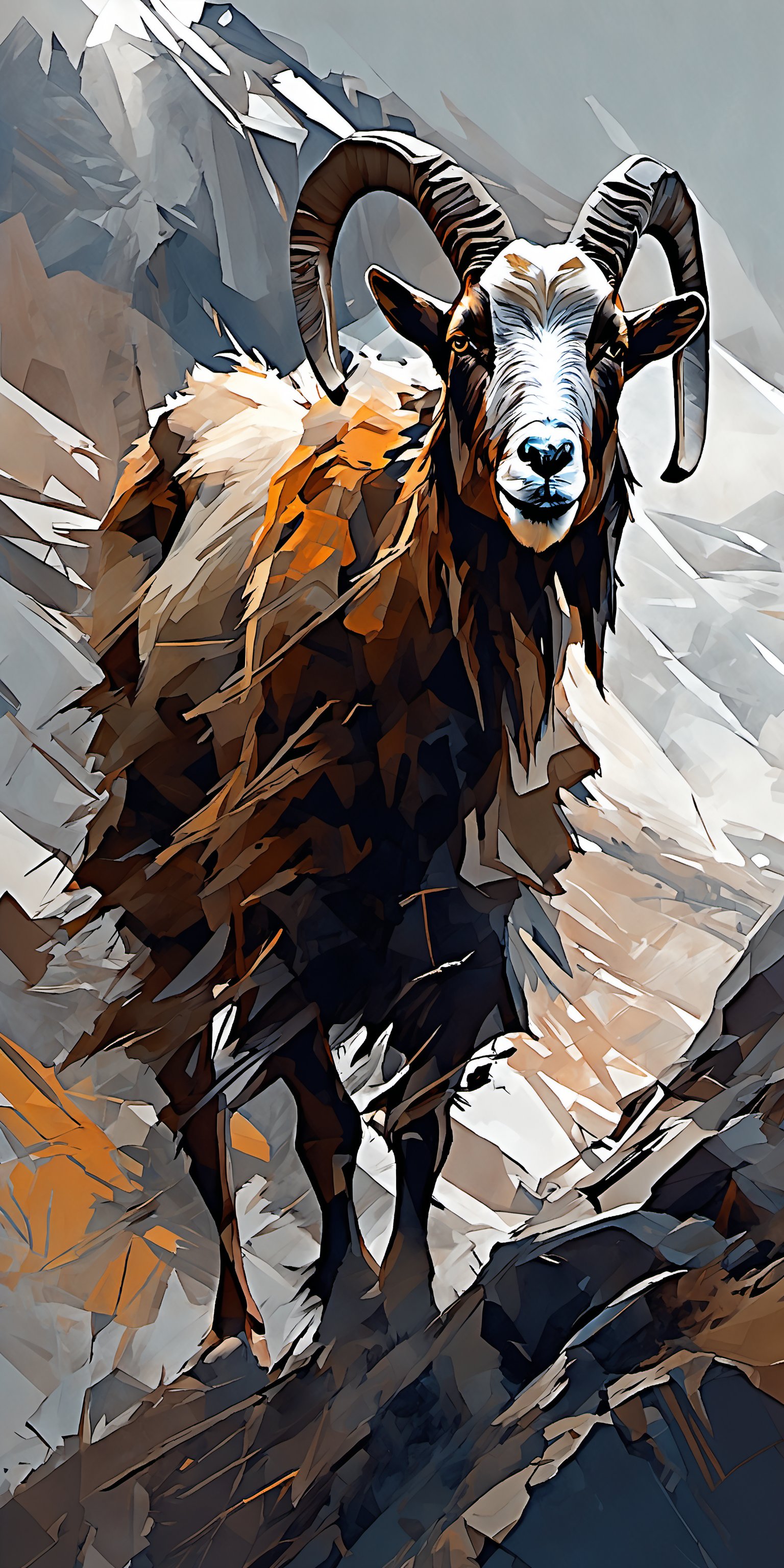 "Imaginative and hyperrealistic depiction of the ripped, tattered, and battle-worn appearance of a mountain goat, characterized by intricate line work and dynamic composition. Color palette blends muted, earthy tones with vibrant accents, enhancing the depth and atmosphere of the scene. The scene should feature a selective focus on the mountain goat. In contrast, the background should transition into an abstract, painterly environment. The atmosphere should be hazy and diffuse, contributing to an ethereal and somewhat dystopian feel. Indistinct forms and shapes in the background should suggest a mountain landscape, rendered in a loose, impressionistic style to emphasize mood and atmosphere over detailed realism."