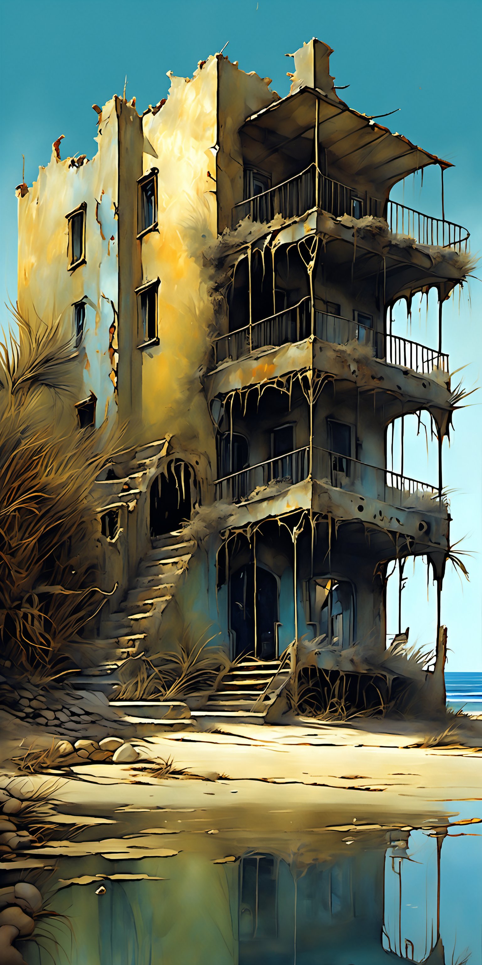 "Create a hyperrealistic painting of an abandoned luxury resort by the seaside. The overall effect is a blend of Surrealism and Realism, creating a rich, immersive setting that complements the extremely sharp focus on the decaying structures in the foreground. This resort, weathered by time and the elements, stands as a testament to the impermanence of human achievements. The scene should feature an over-sharpened focus on the crumbling walls, rusted railings, and cracked pool tiles, highlighting the peeling paint, broken windows, and overgrown plants with exaggerated clarity and detail. The lighting should come from the midday sun, casting a bright, stark light that creates dramatic shadows over the scene. In stark contrast, the background should also be in extreme sharp focus, featuring the tranquil sea, distant city skyline, and clear sky with detailed textures, creating a juxtaposition of the decayed resort against the serene and vibrant seaside setting. The atmosphere should be nostalgic and slightly eerie, with all elements rendered in precise, hyper-detailed realism. The colors in the background should include shades of turquoise, deep blue, and sandy beige with dramatic contrasts, featuring warm golden highlights and soft greens, blending seamlessly with muted browns. Use this blend of cool and warm colors to emphasize the haunting beauty of the scene. The overall scene should evoke a sense of melancholy and reflection, capturing the stark contrast between the decayed luxury and the enduring natural beauty of the seaside landscape, with every detail intentionally over-sharpened to enhance the sense of depth and realism."