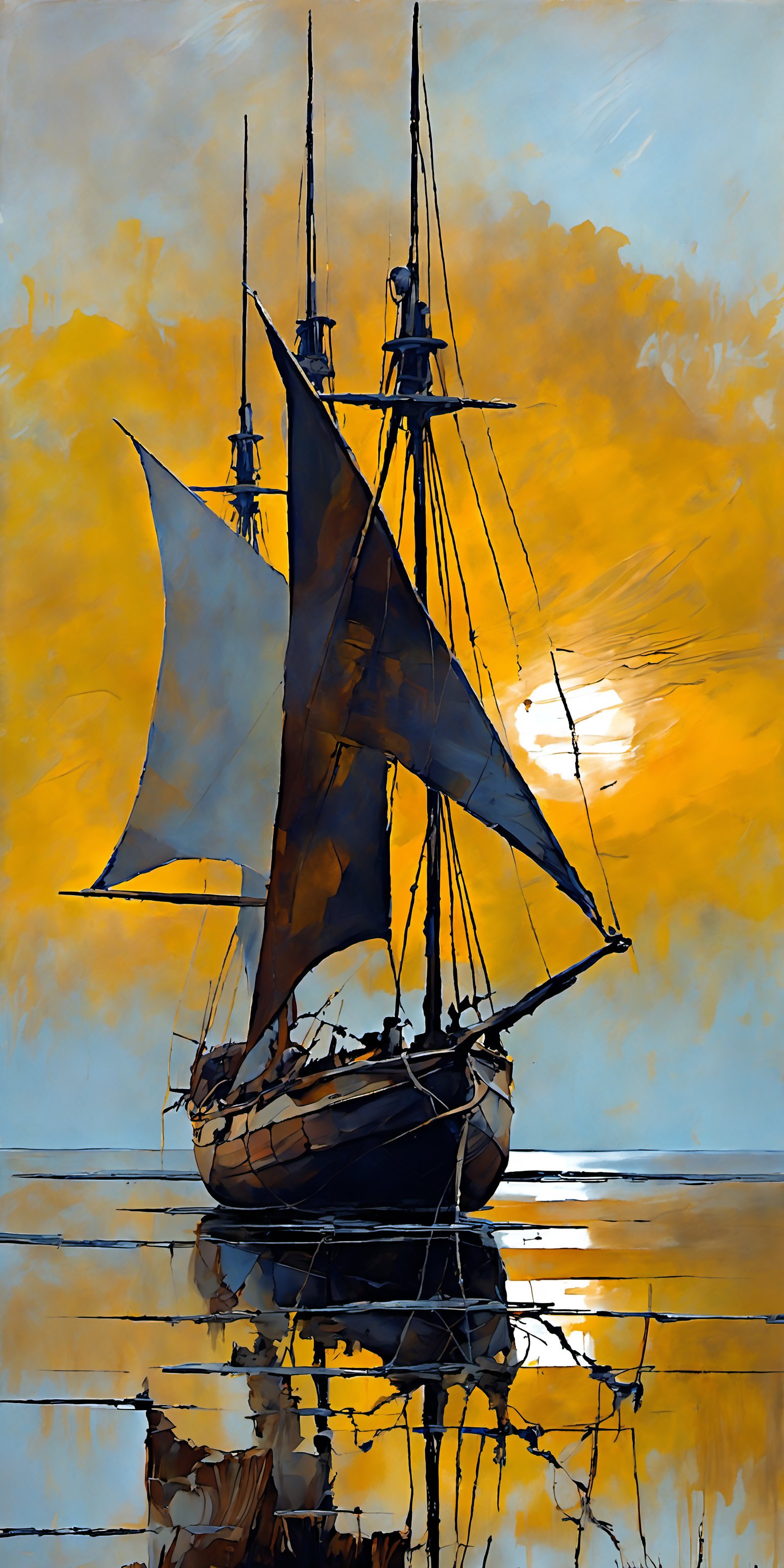 "The overall effect is a blend of impressionism and abstraction, creating a rich, immersive setting that complements the sharp focus on the massive sailboat in the foreground. This sailboat, weathered by time and the elements, stands as a testament to endurance and exploration. The scene should feature an impressionist sharp focus on the sailboat, highlighting its tattered sails and worn hull. In contrast, the background should transition into an abstract, painterly environment. The atmosphere should be hazy and diffuse, contributing to an ethereal and somewhat dystopian feel. Indistinct forms and shapes in the background should suggest several other ships and a few shadowy figures, rendered in a loose, impressionistic style to emphasize mood and atmosphere over detailed realism. The colors in the background should include shades of rich, vibrant hues with dramatic contrasts, featuring deep, earthy tones and vivid highlights, blending seamlessly with cooler hues like blues and greys. Use this blend of subdued and bold colors to emphasize the gritty nature of the scene. The overall scene should evoke a sense of quiet solitude and mystery, capturing the ethereal beauty and timeless quality of the weathered sailboat amidst an abstract, impressionistic landscape."