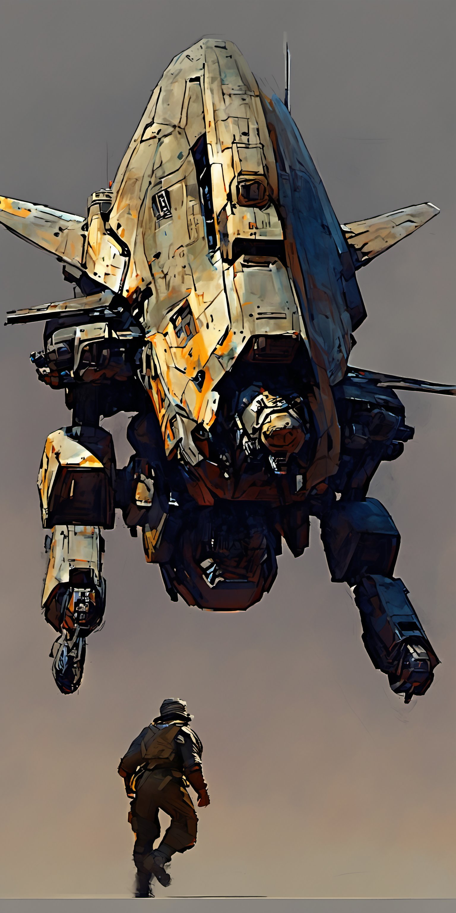 "A detailed illustration of a futuristic, heavily armored mech. The mech is sleek and powerful with a robust, reinforced body featuring a mix of metallic and camouflaged panels. It has multiple weapon systems, including large cannons and smaller auxiliary guns, integrated into its design. The mech floats using anti-gravity systems designed for both mobility and stability. The background is neutral, focusing entirely on the detailed design and features of the mech."