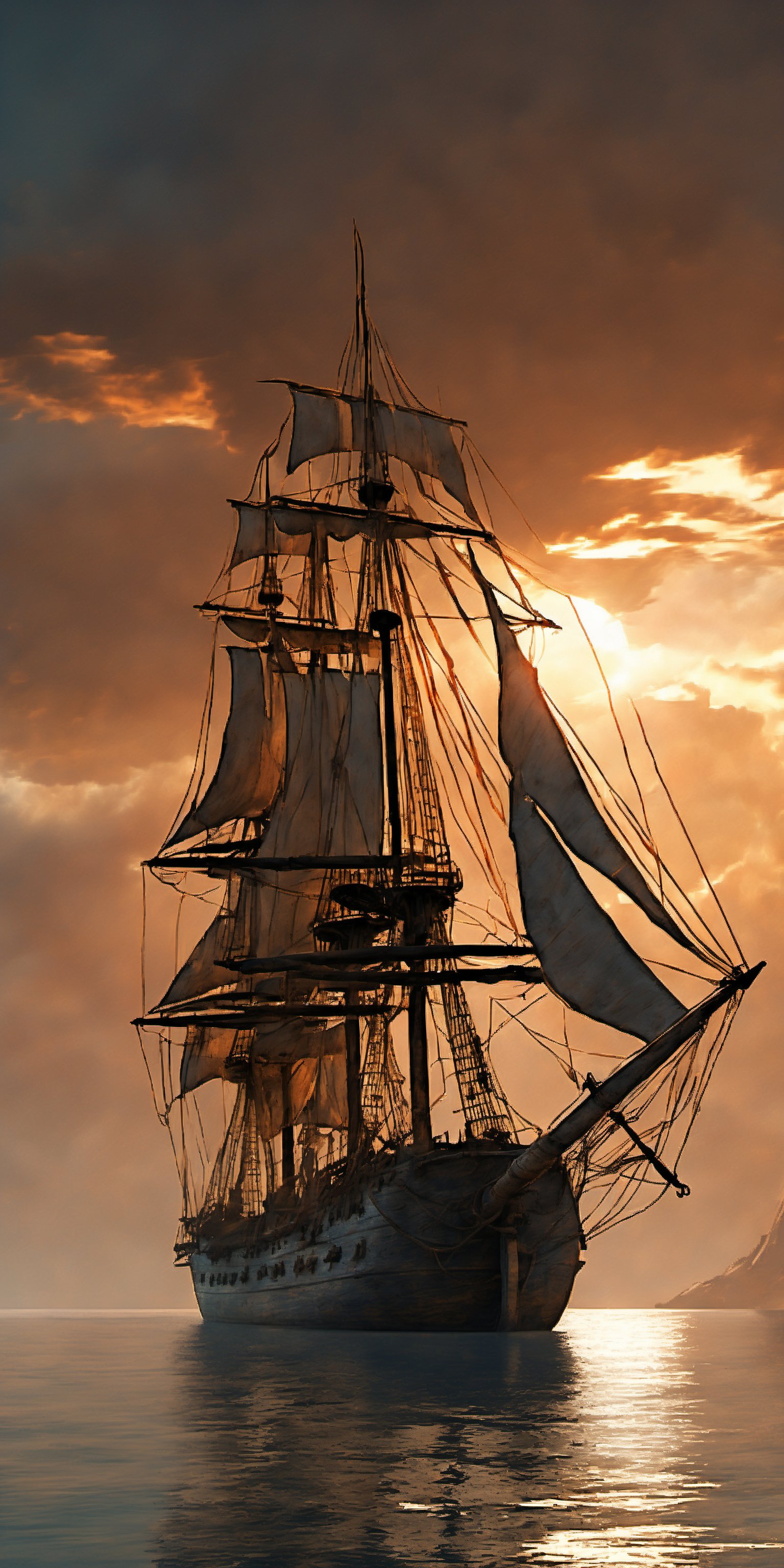 "A majestic old sailing ship with multiple masts and tattered sails, prominently positioned in the foreground on calm waters. The dramatic sky in the background features a smooth transition from deep oranges to soft blues, suggesting a warm sunrise or sunset. The ship’s weathered texture is highlighted by the warm glow of the sky, with more pronounced rusty hues on the ship’s surface. Smaller vessels are visible in the distance, adding depth to the scene. The overall atmosphere is both nostalgic and grand, with pronounced reflections of the sky’s colors in the water. Add a hazy, diffuse glow to enhance the mystical and somewhat dystopian feel. Ensure the lighting is slightly warmer to enhance the nostalgic effect. Unreal Engine, Octane Render, Hyper Realistic, Cinematic, Epic, Matte Painting."