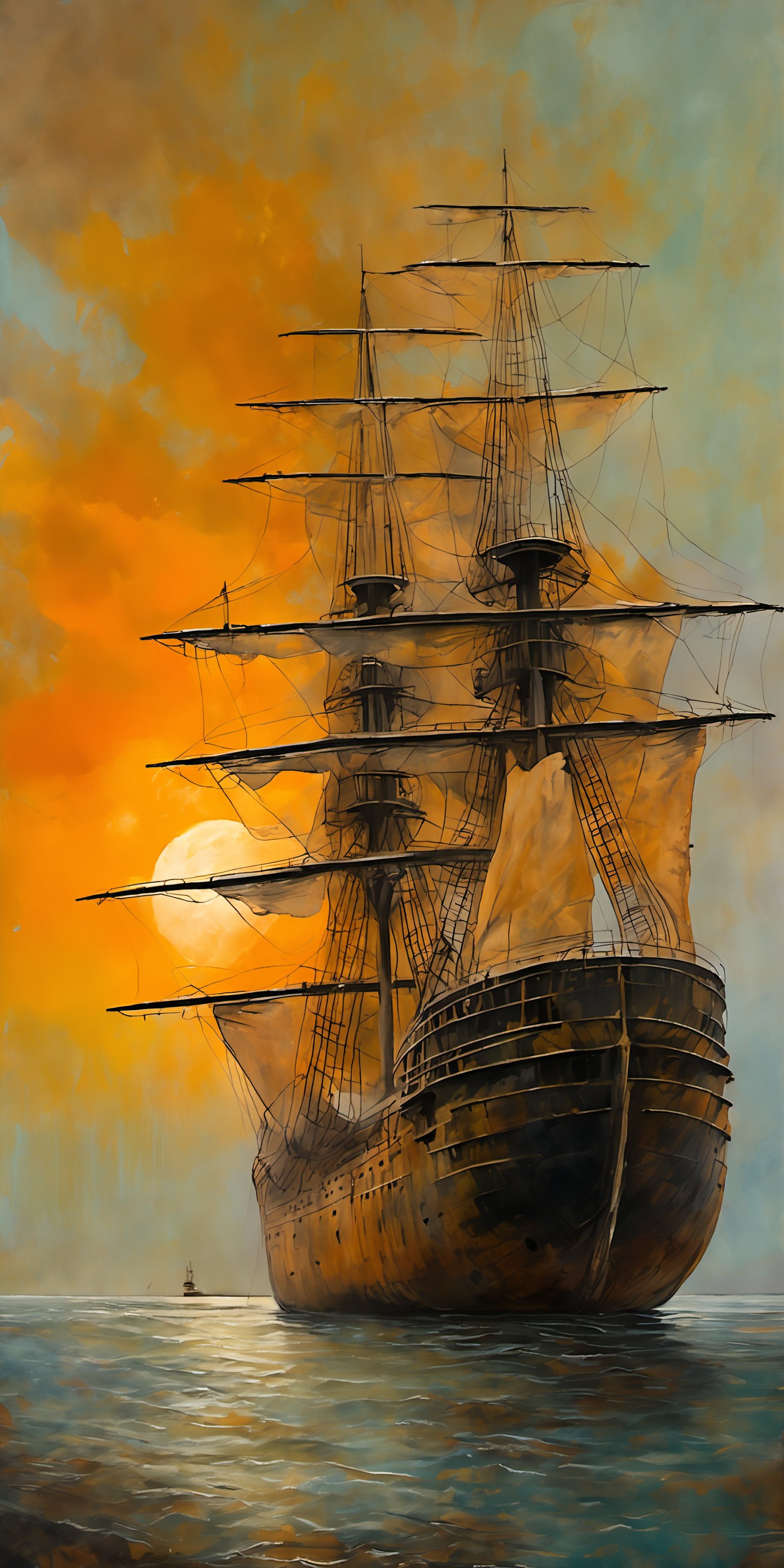"Close-up view, hyperrealistic oil painting of the worn and aged appearance of a large, weathered English ship of the line, sailing battleship, showing signs of extensive use and time-worn features. The ship should appear short and stooped, with dirt-covered equipment and white, dirty, tattered sails that stand out. The sky should be ablaze with the soft and diffused colors of a spectacular sunset behind the ship, casting gentle shadows and creating an ethereal atmosphere. The overall effect is a blend of impressionism and abstraction, creating a rich, immersive setting that complements the hyperrealistic, sharp focus on the worn and aged appearance of the large, weathered ship in the foreground. In contrast, the background should transition into an abstract, painterly environment with bold and textured brushstrokes adding depth and movement. The overall effect should capture the immense scale and rugged beauty of the scene, with dramatic lighting emphasizing the textures and features of the ship. The atmosphere should be hazy and diffuse, contributing to an ethereal and somewhat dystopian feel. Indistinct forms and shapes in the background should suggest a spectacular sunset in the mountains, rendered in a loose, impressionistic style to emphasize mood and atmosphere over detailed realism. Use a muted color palette with cooler tones such as grays, blues, and greens to create depth and atmosphere. Use muted shades of earthy tones to depict worn, weathered and aged appearances. Use muted accents like rusty orange-yellows and rusty teals to highlight tiny areas and add visual interest. Use this blend of subdued and bold colors to emphasize the gritty nature of the scene."