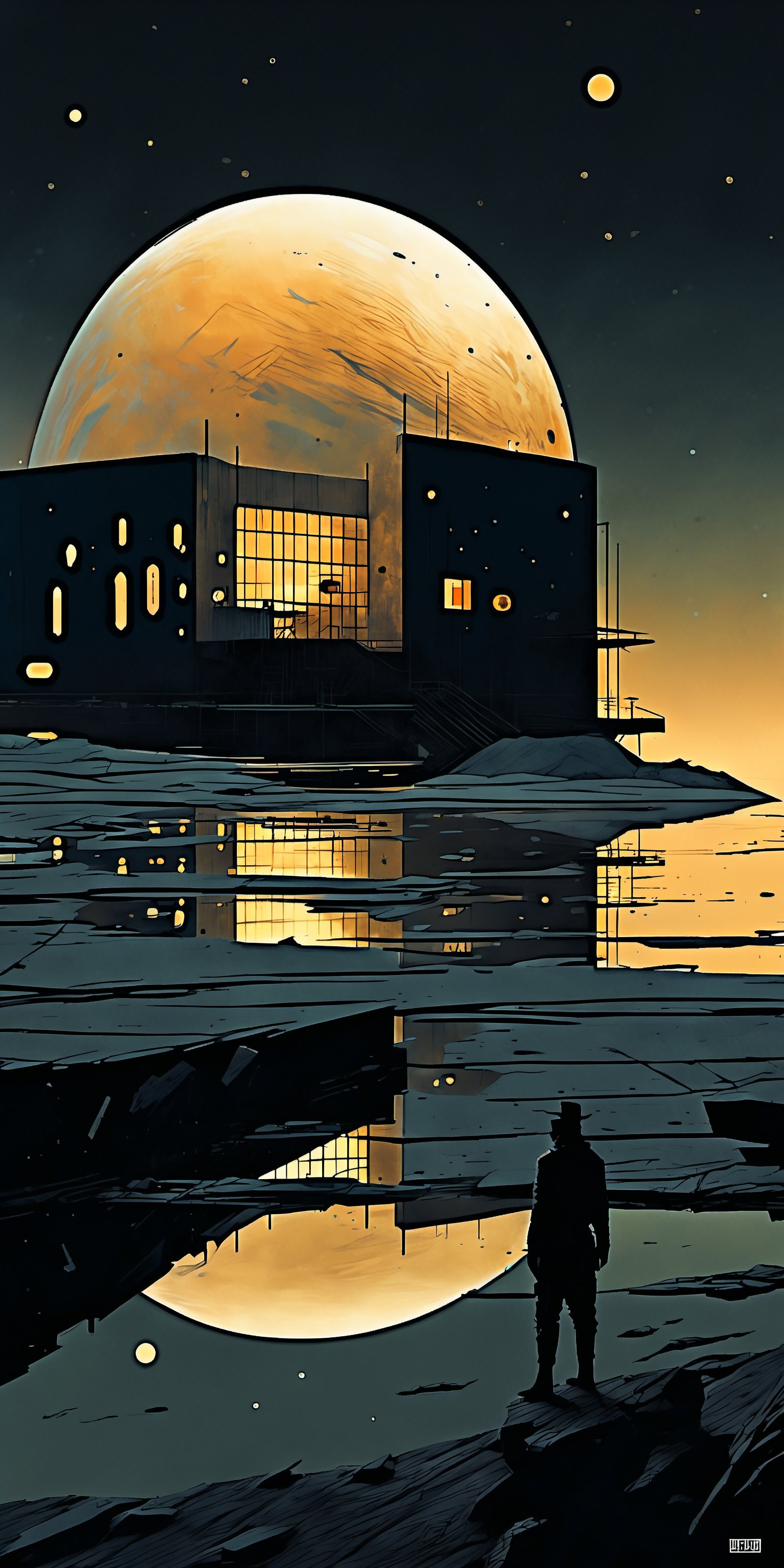 "The scene is set at nighttime, with eerie, muted golden hues from distant stars casting an unsettling glow over the architecture, creating a surreal and dystopian atmosphere. Depict a vast, expansive space scene with an ominous scale against a grand, immersive outer space background. Feature a massive structure that maintains simplified forms and geometric shapes, yet exudes an unsettling, otherworldly quality. Emphasize clean lines and smooth surfaces, but with a stark, almost sterile aesthetic. A restrained color palette with neutral tones and minimal accents creates a cold, cohesive look. Unnecessary embellishments are removed, focusing on a stark functionality and clarity. Increased negative space provides a sense of emptiness and desolation. High-quality, unnatural materials with simple finishes add an eerie elegance. Proportion and balance ensure a disturbing harmony, while subtle, alien textures and details add an uncanny depth without overwhelming the design's stark simplicity."