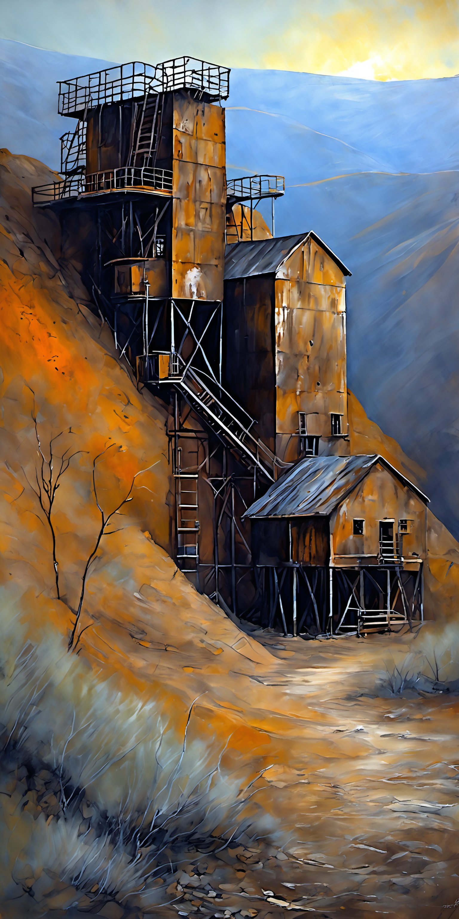 "Close-up view, hyperrealistic oil painting of the worn and aged appearance of a large, weathered silver mine, showing signs of extensive use and time-worn equipment. The silver mine should appear short and stooped, with dirt-covered equipment, tattered and worn appearance, and dirt on the machinery. The sky should be ablaze with the soft and diffused colors of a spectacular sunset behind the silver mine, casting gentle shadows and creating an ethereal atmosphere. The overall effect is a blend of impressionism and abstraction, creating a rich, immersive setting that complements the hyperrealistic, sharp focus on the worn and aged appearance of the large, weathered silver mine in the foreground. In contrast, the background should transition into an abstract, painterly environment with bold and textured brushstrokes adding depth and movement. The overall effect should capture the immense scale and rugged beauty of the scene, with dramatic lighting emphasizing the textures and features of the silver mine. The atmosphere should be hazy and diffuse, contributing to an ethereal and somewhat dystopian feel. Indistinct forms and shapes in the background should suggest a spectacular sunset in the mountains, rendered in a loose, impressionistic style to emphasize mood and atmosphere over detailed realism. Use a muted color palette with cooler tones such as grays, blues, and greens to create depth and atmosphere. Use muted shades of earthy tones to depict worn, weathered and aged appearances. Use muted accents like rusty orange-yellows and rusty teals to highlight tiny areas and add visual interest. Use this blend of subdued and bold colors to emphasize the gritty nature of the scene."
