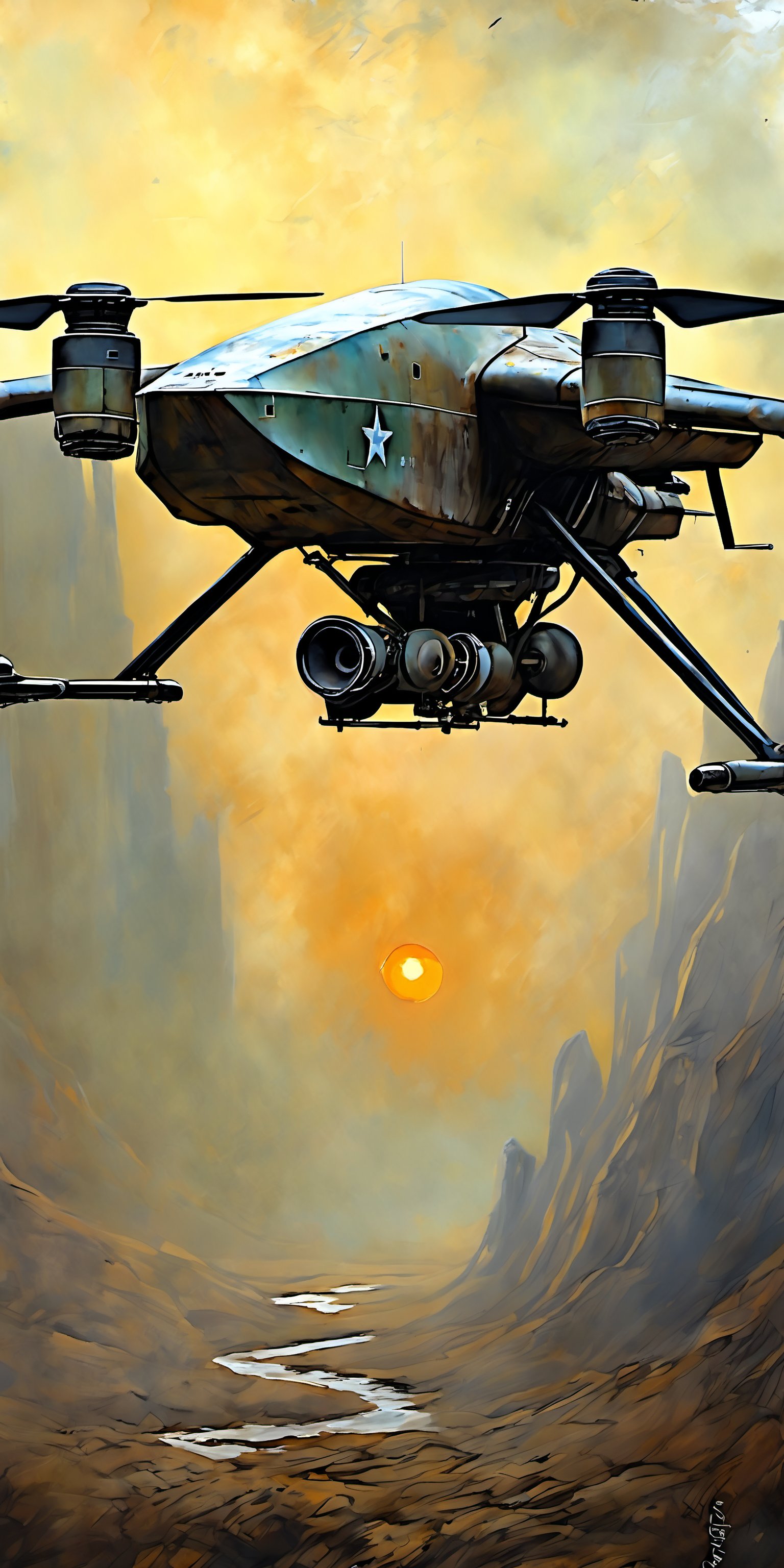 "Create a hyperrealistic oil painting of the worn and aged appearance of a large, weathered military UAV, showing signs of extensive use and time-worn features. The UAV should appear rugged and utilitarian, with dirt-covered equipment and a tattered, worn exterior that stands out. The UAV should be flying high above the terrain. The sky should be ablaze with the soft and diffused colors of a spectacular sunset behind the UAV, casting gentle shadows and creating an ethereal atmosphere. The overall effect is a blend of impressionism and abstraction, creating a rich, immersive setting that complements the hyperrealistic, sharp focus on the worn and aged appearance of the large, weathered UAV. In contrast, the background should transition into an abstract, painterly environment with bold and textured brushstrokes adding depth and movement. The overall effect should capture the immense scale and rugged beauty of the scene, with dramatic lighting emphasizing the textures and features of the UAV. The atmosphere should be hazy and diffuse, contributing to an ethereal and somewhat dystopian feel. Indistinct forms and shapes in the background should suggest a spectacular sunset in the mountains, rendered in a loose, impressionistic style to emphasize mood and atmosphere over detailed realism. Use a muted color palette with cooler tones such as grays, blues, and greens to create depth and atmosphere. Use muted shades of earthy tones to depict worn, weathered and aged appearances. Use muted accents like rusty orange-yellows and rusty teals to highlight tiny areas and add visual interest. Use this blend of subdued and bold colors to emphasize the gritty nature of the scene."