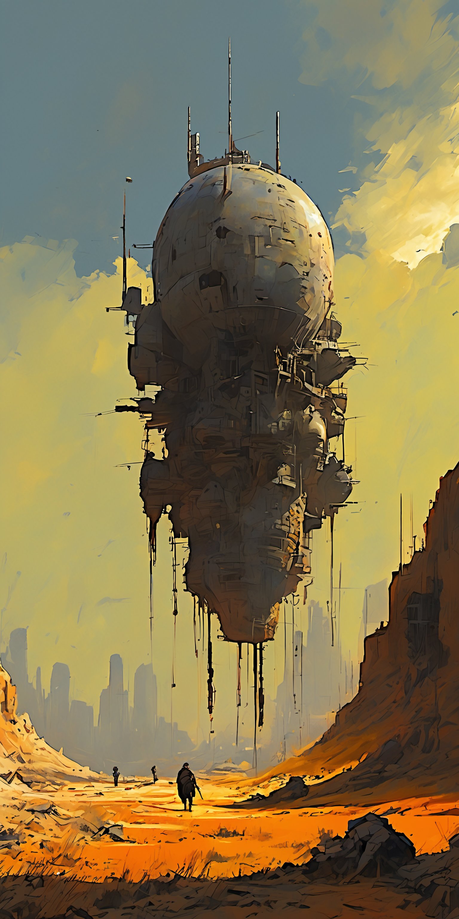 "An alien, futuristic structure floats in the foreground. A bright afternoon landscape with hard, sharp shadows. The sun is high in the sky, casting a strong, direct light. The scene includes a clear sky with minimal clouds, and the sunlight creates a vivid contrast between light and shadow on the ground and objects. The overall atmosphere is warm and bright, capturing the essence of a sunny afternoon."