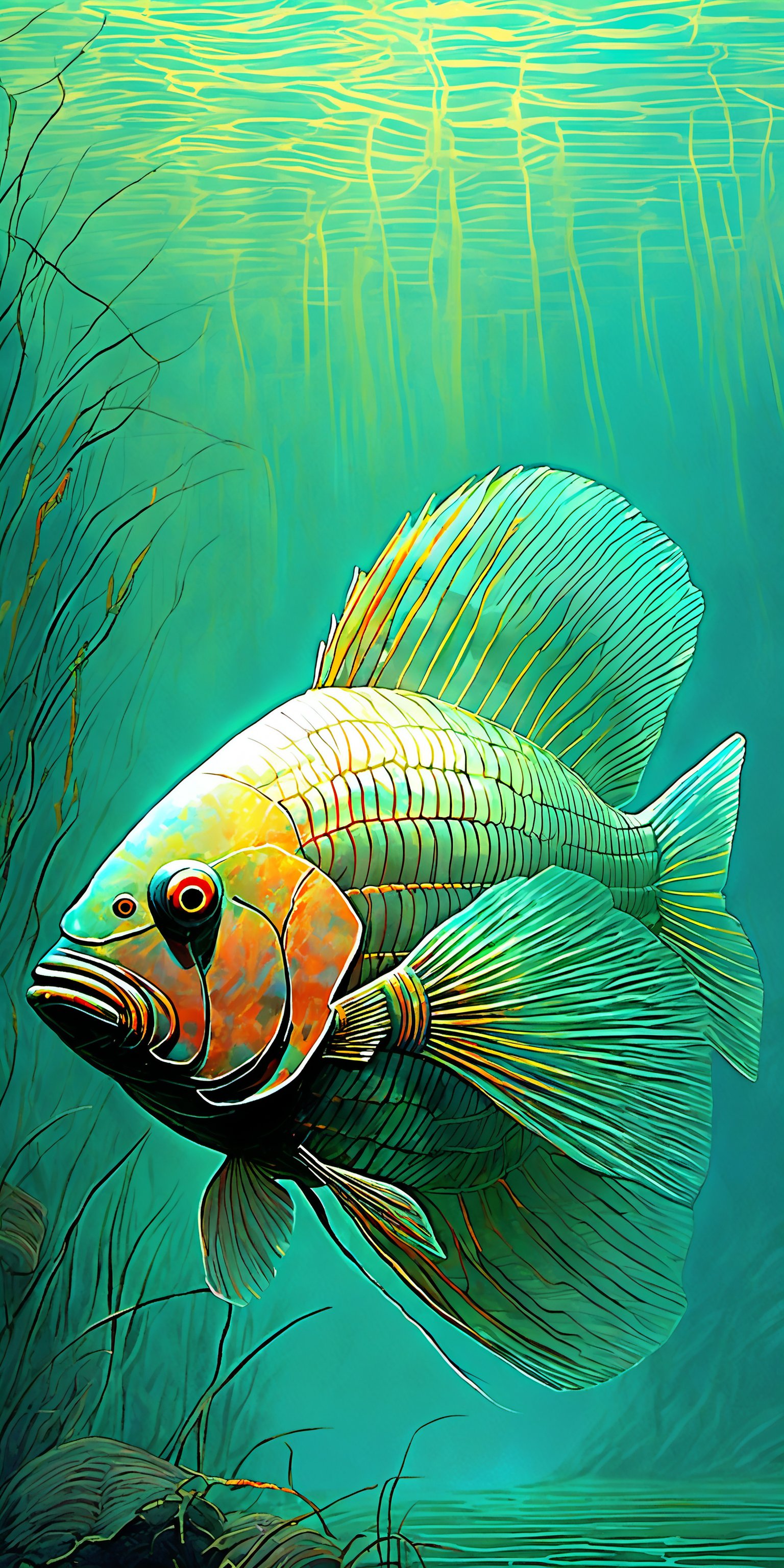 "The image features a detailed and vividly colored fish, shown in a side-on view, swimming in a serene underwater environment. The fish has a metallic, iridescent body with nearly invisible gossamer fins that shimmer with hues of green, blue, and hints of orange. The intricate patterns on the fish's scales and fins are highlighted by the soft, diffuse lighting that creates a realistic sense of depth. The background is a gradient of turquoise and green, suggesting a tranquil, ethereal underwater meadow with gentle light rays filtering through the water. Delicate aquatic plants are visible in the background, adding to the serene and natural atmosphere. The overall style is hyper-realistic, capturing the fish's anatomy and textures with meticulous attention to detail, while the soft lighting and vibrant colors evoke a sense of wonder and tranquility. To recreate this image, create an underwater scene with a vividly colored fish in a side-on view, featuring a metallic, iridescent body and nearly invisible gossamer fins, highlighted by soft, diffuse lighting in a turquoise and green gradient background with delicate aquatic plants and gentle light rays filtering through the water."

