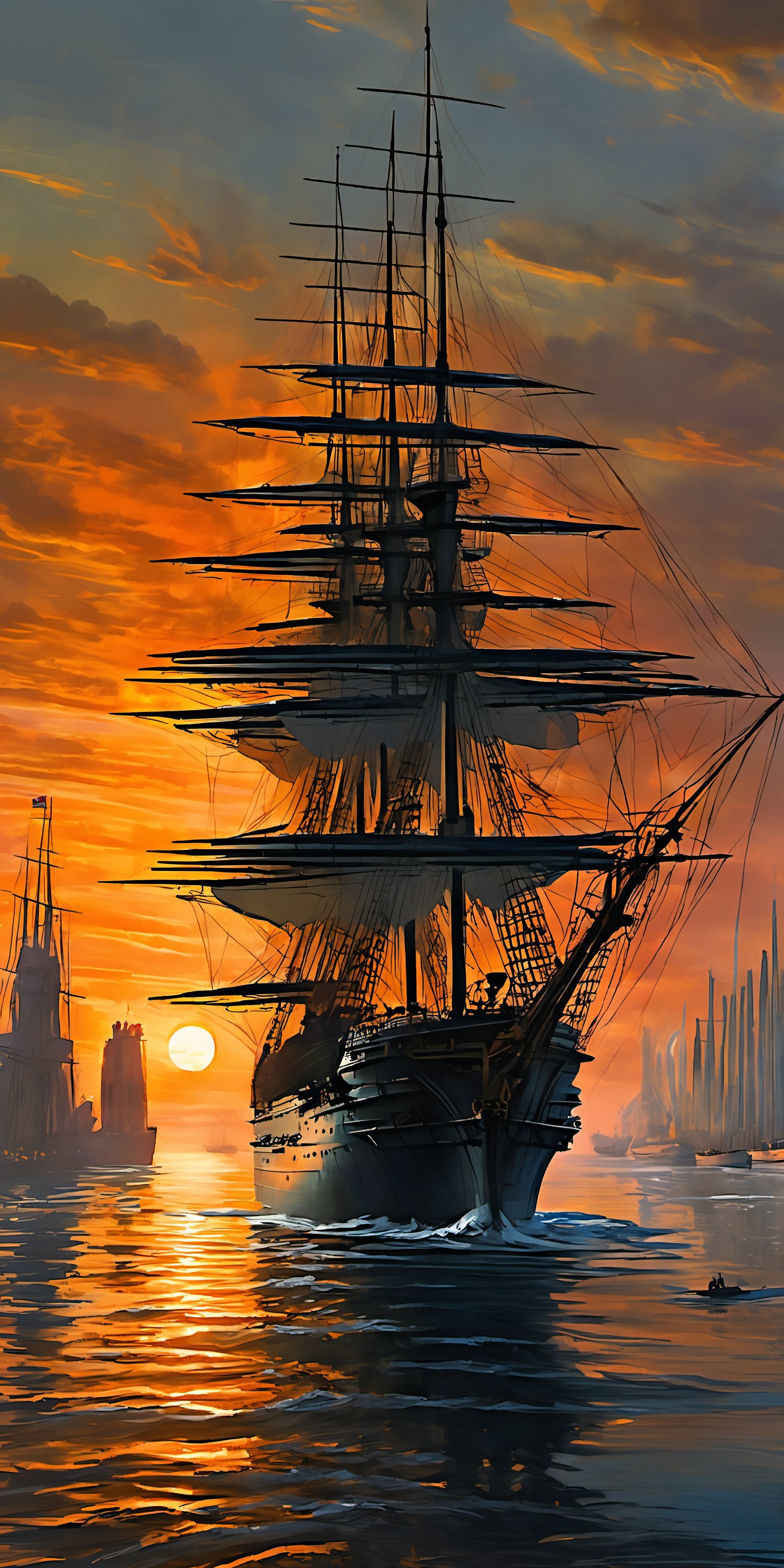 "The image captures the majestic and serene beauty of an English ship-of-the-line sailing battleship resting calmly in a harbor, creating a cohesive theme focused on the grandeur and tranquility of naval power at rest. The formidable ship is the primary focus, with meticulous attention to its form, structure, and intricate details, highlighting the elegance and majesty of the battleship. The powerful vessel enhances the narrative of naval supremacy and historical maritime presence. The image employs a warm, vibrant color palette dominated by the golden and orange hues of the setting sun, which sets a peaceful and enchanting atmosphere. There is a strong contrast between the dark silhouette of the ship and the glowing, colorful sky, adding depth and highlighting the ship’s impressive outline. The use of the sunset's radiant light casts a serene and beautiful glow over the scene, creating a calming and majestic atmosphere, and the interplay of light and shadow enhances the forms and shapes, giving the image a three-dimensional quality. Using strong contrasts between the dark ship and the bright sunset sky adds a dramatic effect and emphasizes the ship's elegant presence in the harbor. The intricate details and realistic portrayal of the battleship and the surrounding harbor reflect a hyperrealistic style, with the artist’s skill in rendering textures, such as the smooth water and the detailed rigging, being particularly noteworthy. The composition is dynamic, with the ship positioned against the setting sun, leading the viewer’s eye through the image. The portrayal of the ship-of-the-line in a peaceful harbor evokes feelings of admiration and tranquility, with the dramatic lighting and composition adding to the sense of grandeur and calmness. The clear, diffused lighting and the beautiful seascape create an ethereal and uplifting atmosphere, suggesting both beauty and serenity. The consistent theme of a formidable battleship and a tranquil harbor suggests a deep appreciation for naval history and the peaceful moments of maritime life, with the image intent on capturing the essence of beauty and majesty in a serene environment. By emphasizing the calm and elegant appearance of the ship, the image conveys a narrative of prestige and tranquility, highlighting the serene realities of naval power at rest. The use of clean, sharp lines in the depiction of the rigging and hull creates a sense of clarity and precision, while the detailed rendering of textures, from the smooth water to the silhouetted sails, adds a tactile quality to the image. The background transitions into a vibrant, painterly sunset sky with glowing hues, emphasizing mood and atmosphere over detailed realism. The selective focus on the ship-of-the-line, with the background rendered in a looser style, creates a strong focal point and enhances the overall impact of the image. The image emphasizes the themes of naval strength, historical grandeur, and the serene beauty of maritime power, evoking a powerful narrative through its detailed and dynamic depictions of an English ship-of-the-line in its natural, peaceful harbor environment."