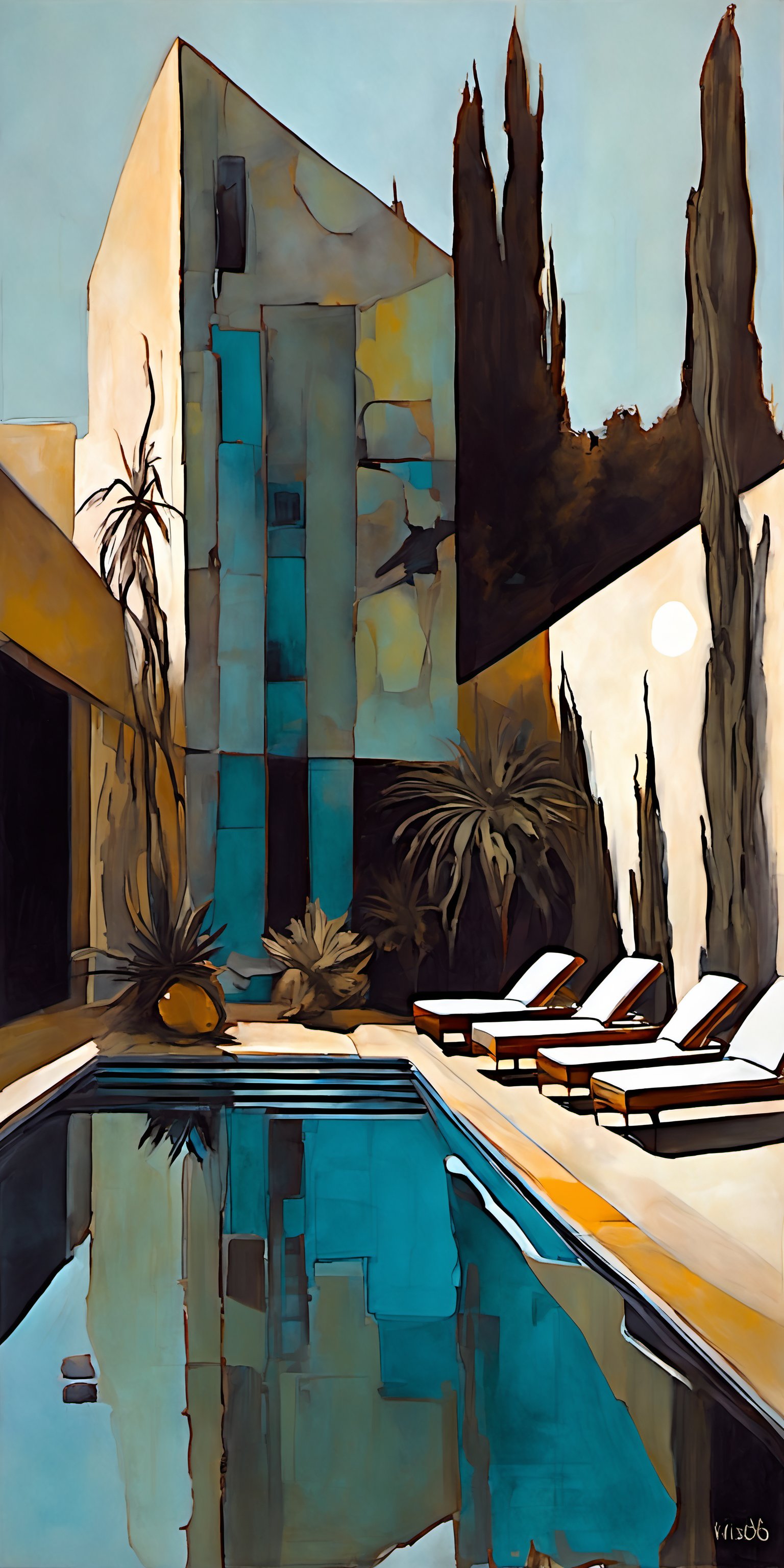 "The overall effect is a blend of impressionism and abstraction, creating a rich, immersive setting that complements the sharp focus on the above-ground swimming pool in the foreground. This pool, weathered by time and the elements, stands as a testament to the passing of seasons and memories of summer days. The scene should feature an impressionist sharp focus on the pool, highlighting its faded colors, chipped edges, and the slightly murky water. In stark contrast, the background should transition into an abstract, painterly environment featuring futuristic skyscrapers with sleek glass facades and neon lights, creating a surreal juxtaposition. The atmosphere should be hazy and diffuse, contributing to an ethereal and somewhat dystopian feel. Indistinct forms and shapes in the background should suggest elements of a high-tech city, rendered in a loose, impressionistic style to emphasize mood and atmosphere over detailed realism. The colors in the background should include shades of rich, vibrant hues with dramatic contrasts, featuring deep, earthy tones and vivid highlights, blending seamlessly with cooler hues like blues and greys. Use this blend of subdued and bold colors to emphasize the gritty nature of the scene. The overall scene should evoke a sense of quiet solitude and nostalgia, capturing the ethereal beauty and timeless quality of the weathered swimming pool amidst an abstract, futuristic landscape."