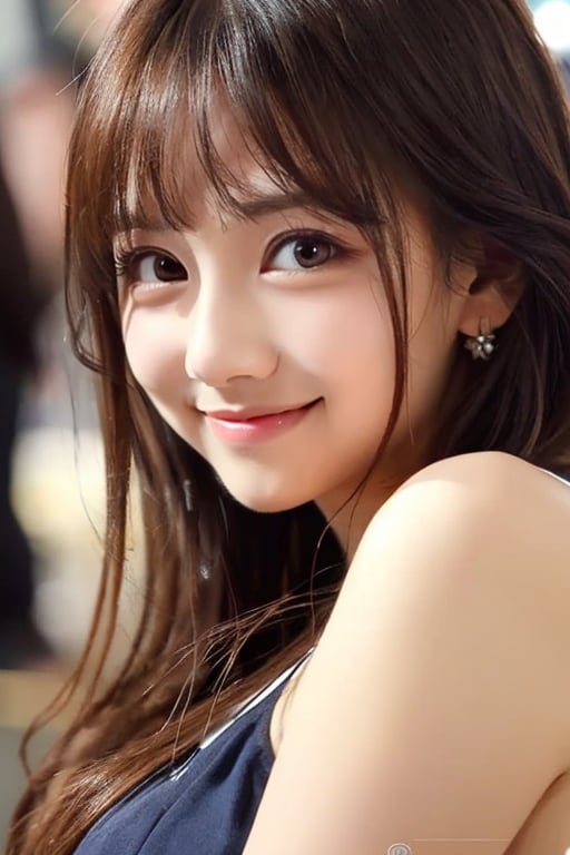 (Very beautiful cute girl:1.2), 
(very charming cute face:1.4),
(large eyes:1.2),
(clear-eyed:1.2),
small straight nose,
small mouth,
round face,
(v-line jaw:1),
Beautiful detailed eyes, 
Detailed double eyelids, 
(smiling:1.3)
