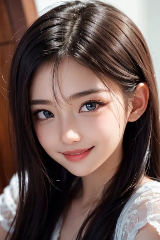 (Very beautiful pretty girl:1.2), 
(very pretty face:1.2),
(large eyes:1),
(clear-eyed:1.2),
small straight nose,
small mouth,
round face,
(v-line jaw:1),
Beautiful detailed eyes, 
Detailed double eyelids, 
(smiling:1.4)
