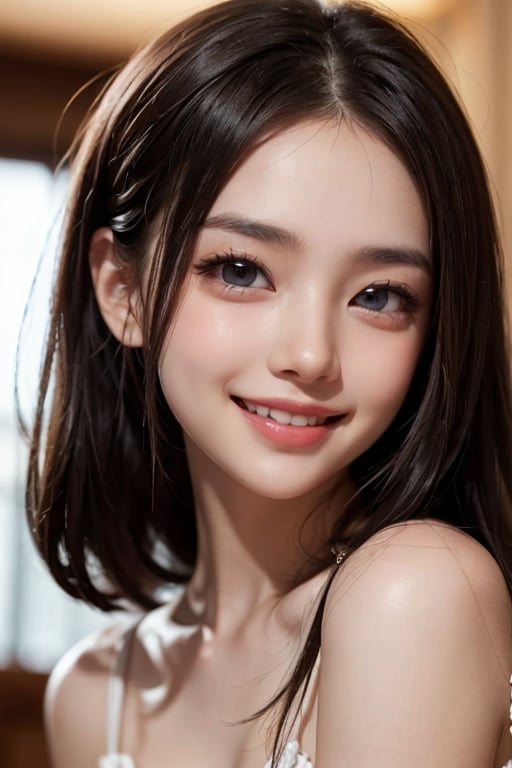 (Very beautiful pretty girl:1.2), 
(very pretty face:1.2),
(large eyes:1),
(clear-eyed:1.2),
small straight nose,
small mouth,
round face,
(v-line jaw:1),
Beautiful detailed eyes, 
Detailed double eyelids, 
(smiling:1.4)
