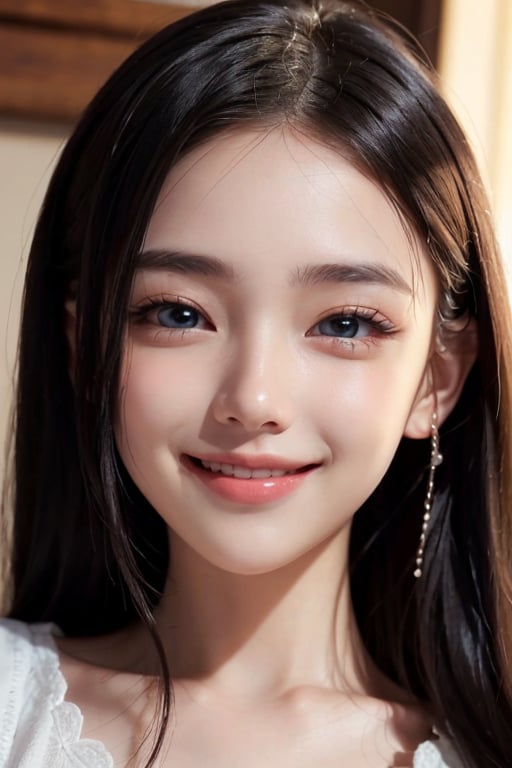 (Very beautiful pretty girl:1.2), 
(very pretty face:1.2),
(large eyes:1),
(clear-eyed:1.2),
small straight nose,
small mouth,
round face,
(v-line jaw:1),
Beautiful detailed eyes, 
Detailed double eyelids, 
(smiling:1.4)
