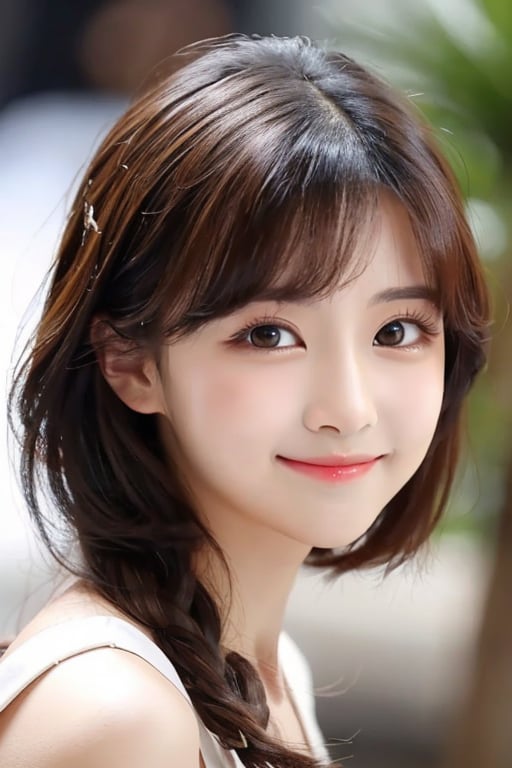(Very beautiful cute girl:1.2), 
(very cute face:1.4),
(large eyes:1.2),
(clear-eyed:1.2),
small straight nose,
small mouth,
round face,
(v-line jaw:1),
Beautiful detailed eyes, 
Detailed double eyelids, 
(smiling:1.4)
