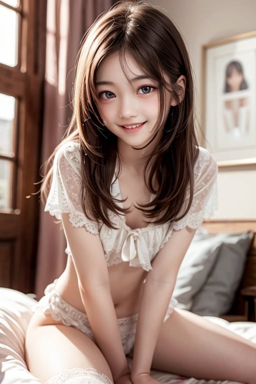 Angelic Very beautiful loli girl, 
(very loli face:1.2),
(large eyes:1.3),
(clear-eyed:1.2),
small straight nose,
small mouth,
round face,
(v-line jaw:1.1),
Beautiful detailed eyes, 
Detailed double eyelids, 
(smiling:1.2),
(15 yo:1.1)
