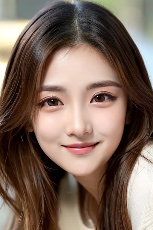 (Very beautiful cute girl:1.2), 
(very charming cute face:1.4),
(large eyes:1.2),
(clear-eyed:1.2),
small straight nose,
small mouth,
round face,
(v-line jaw:1),
Beautiful detailed eyes, 
Detailed double eyelids, 
(smiling:1.3)
