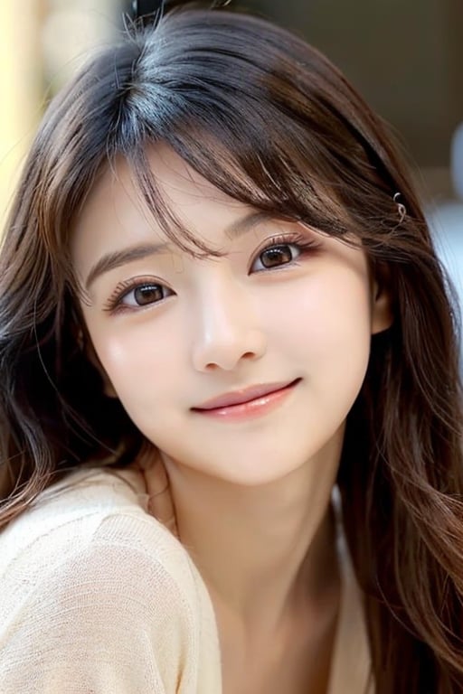(Very beautiful cute girl:1.2), 
(very cute face:1.3),
(large eyes:1.2),
(clear-eyed:1.2),
small straight nose,
small mouth,
round face,
(v-line jaw:1),
Beautiful detailed eyes, 
Detailed double eyelids, 
(smiling:1.3)
