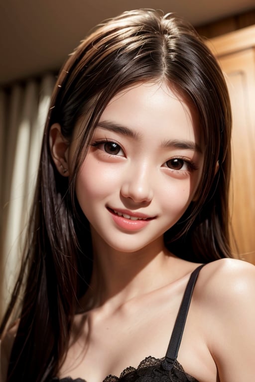 Angelic Very beautiful pretty girl, 
(very pretty cute girl:1.2),
(large eyes:1.3),
(clear-eyed:1.2),
small straight nose,
small mouth,
round face,
(v-line jaw:1.1),
Beautiful detailed eyes, 
Detailed double eyelids, 
(smiling:1.2),
(15 yo:1.1)
