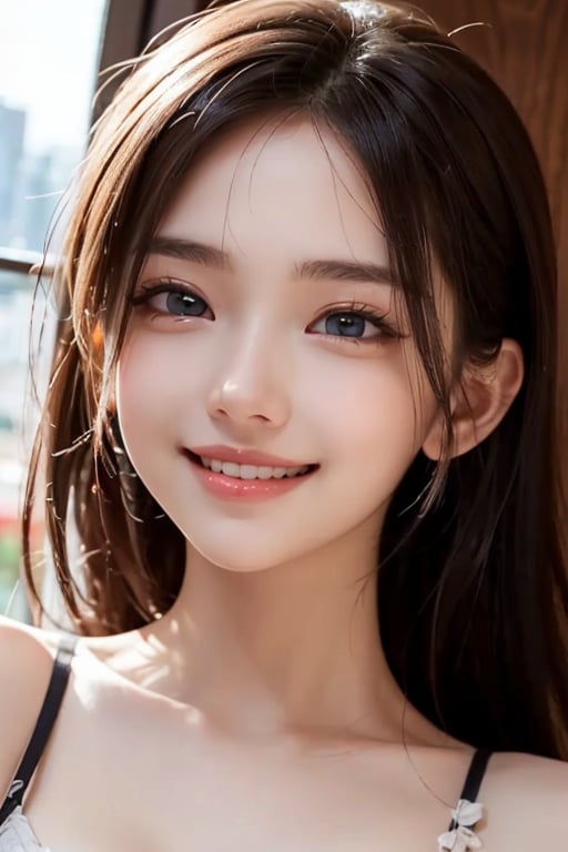 (Very beautiful pretty girl:1.2), 
(very pretty face:1.2),
(large eyes:1),
(clear-eyed:1.2),
small straight nose,
small mouth,
round face,
(v-line jaw:1),
Beautiful detailed eyes, 
Detailed double eyelids, 
(smiling:1.4)
