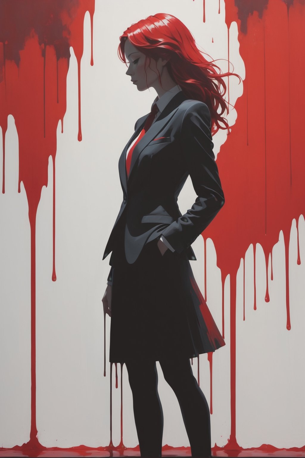 Silhouette of a woman wearing a suit: Stark silhouette, minimalistic rendering, the girl's figure against a dramatic backdrop, dripping red paint, (vivid red hair)